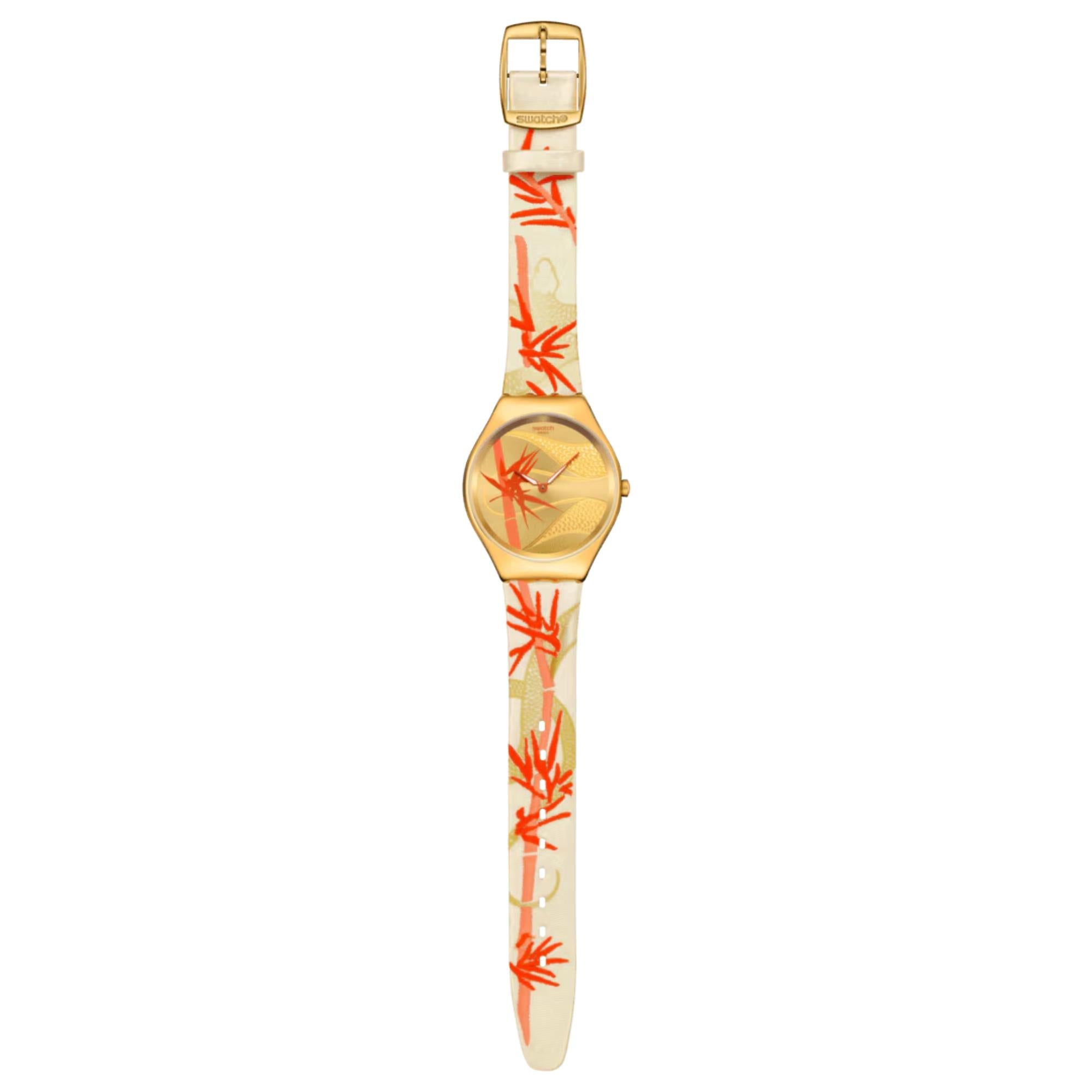 Swatch SKIN Golden Red Bamboo Yellow Dial Textile/Leather Strap Watch SYXZ105