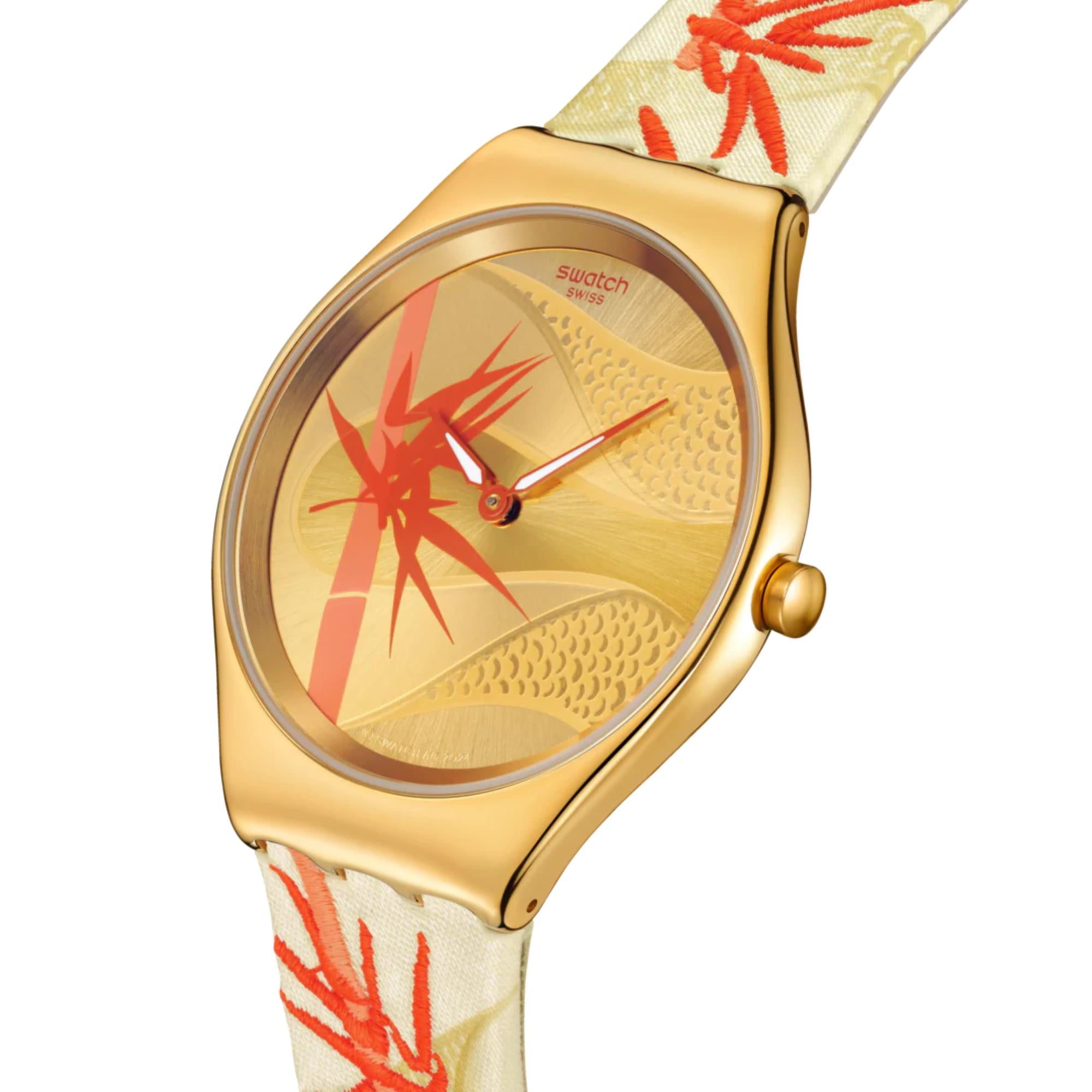 Swatch SKIN Golden Red Bamboo Yellow Dial Textile/Leather Strap Watch SYXZ105