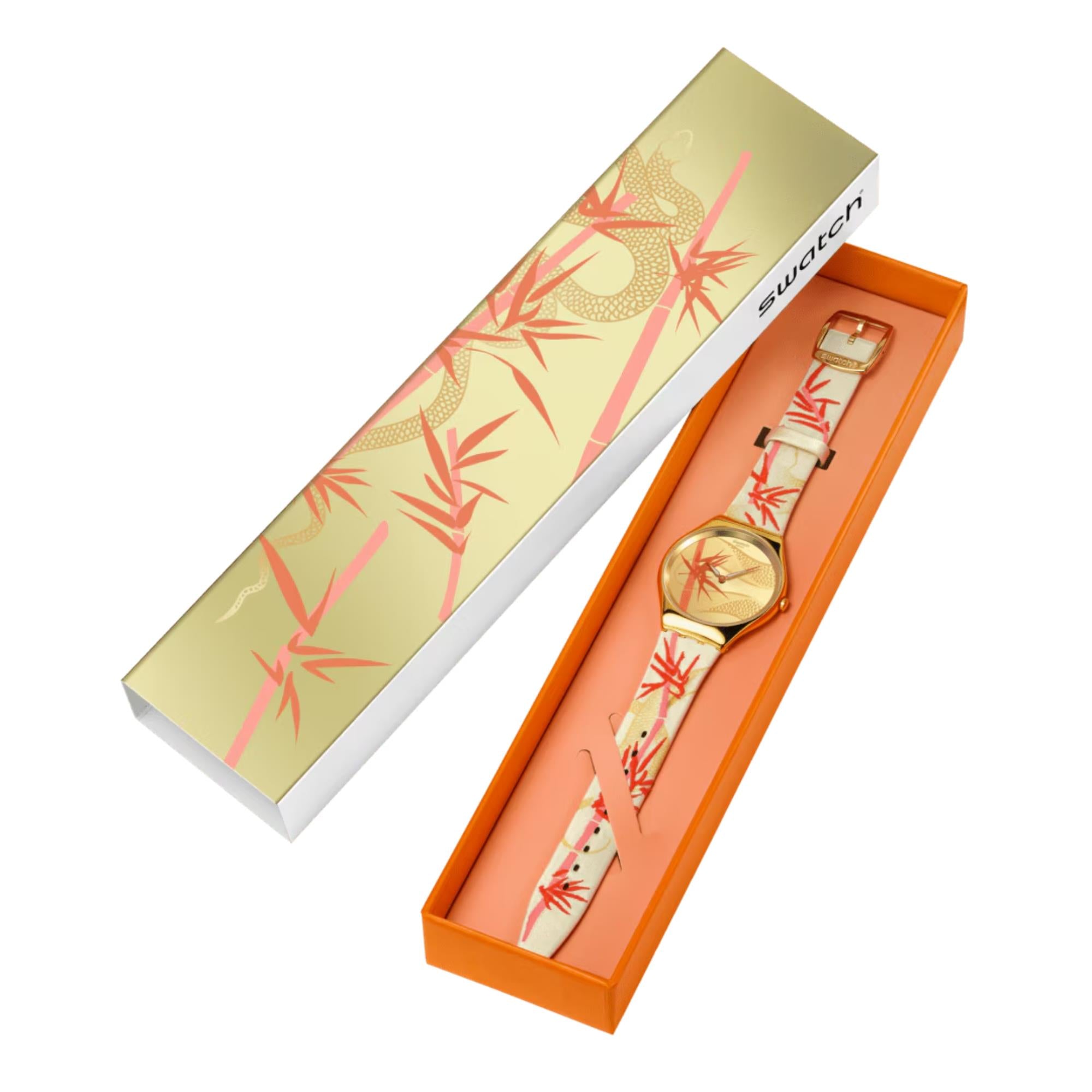 Swatch SKIN Golden Red Bamboo Yellow Dial Textile/Leather Strap Watch SYXZ105