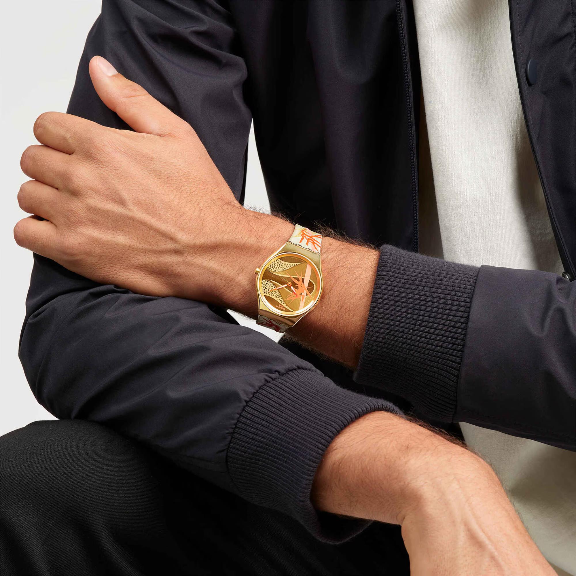 Swatch SKIN Golden Red Bamboo Yellow Dial Textile/Leather Strap Unisex Watch SYXZ105