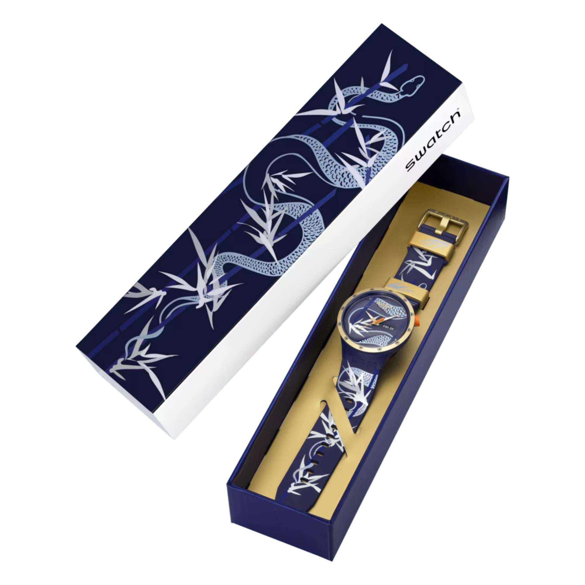 Swatch BIG BOLD Year of the Snake Blue and Golden Lithe Dancer Silicone Strap Blue Dial Men's Watch SB05Z700