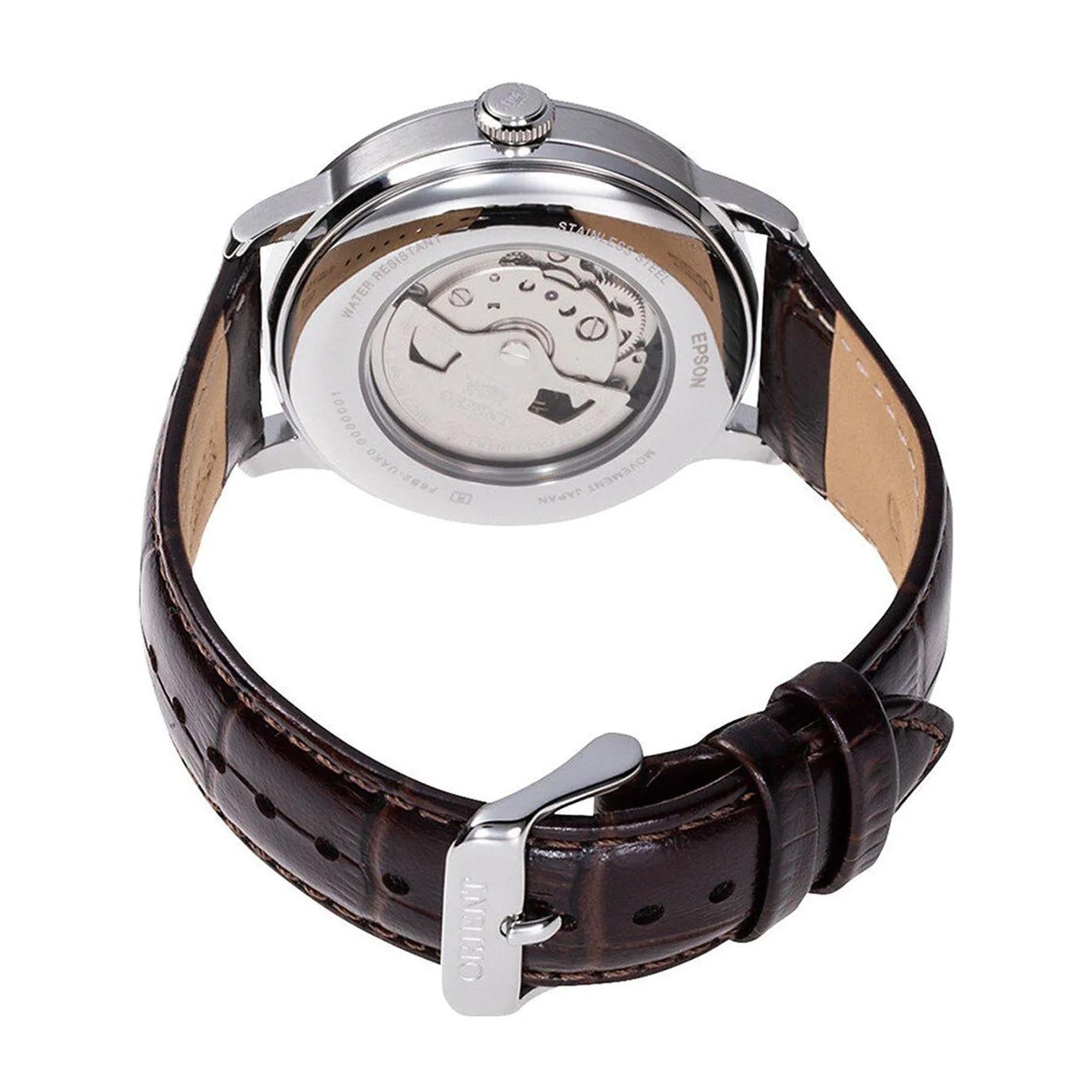 Orient Bambino 41.5mm Sun & Moon Brown Dial Leather Mens Automatic Watch RA-AK0804Y30B
