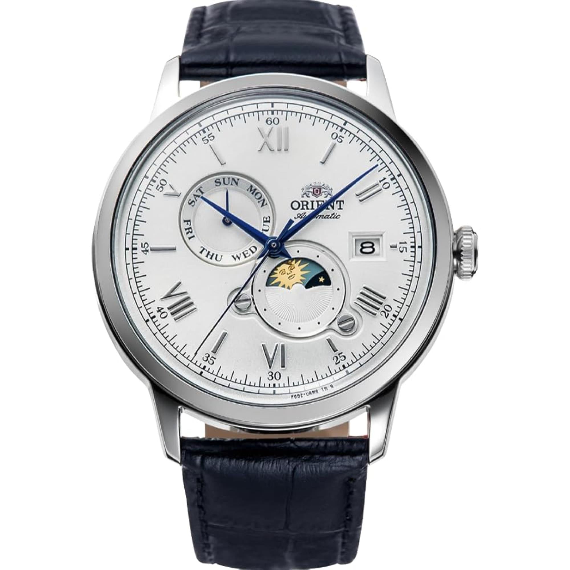 Orient Bambino 41.5mm Sun & Moon Silver Dial Leather Automatic Mens Watch RA-AK0802S30B