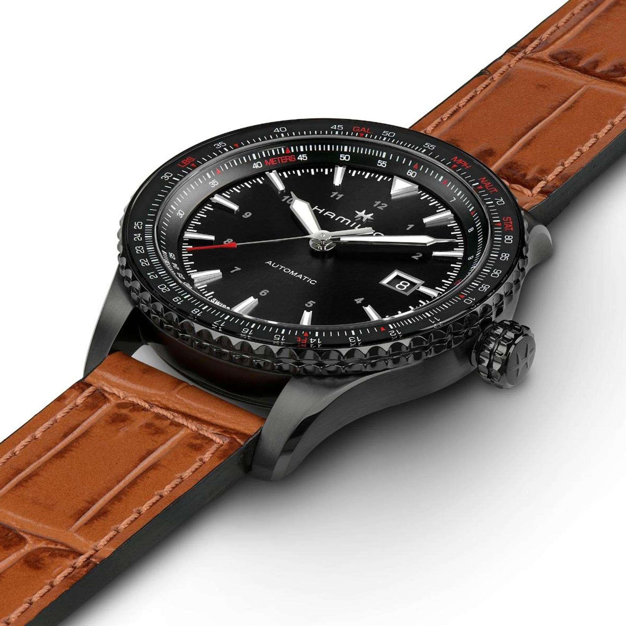 Hamilton Khaki Aviation Converter Automatic Black Dial Brown Leather Strap Men's Watch H76625530