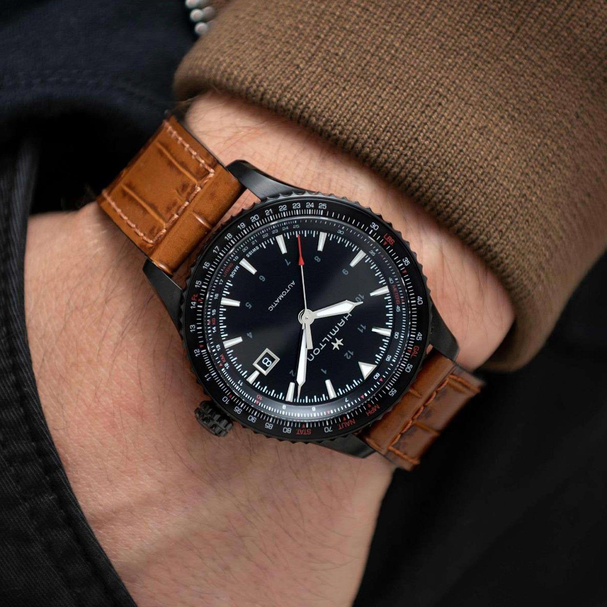 Hamilton Khaki Aviation Converter Automatic Black Dial Brown Leather Strap Men's Watch H76625530