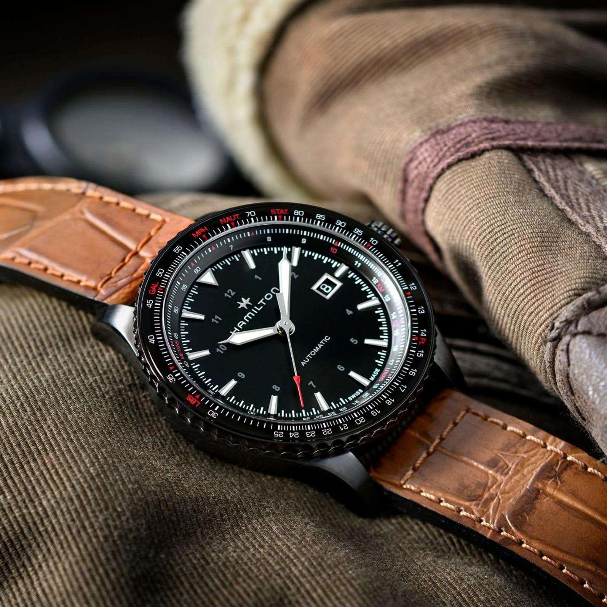 Hamilton Khaki Aviation Converter Automatic Black Dial Brown Leather Strap Men's Watch H76625530