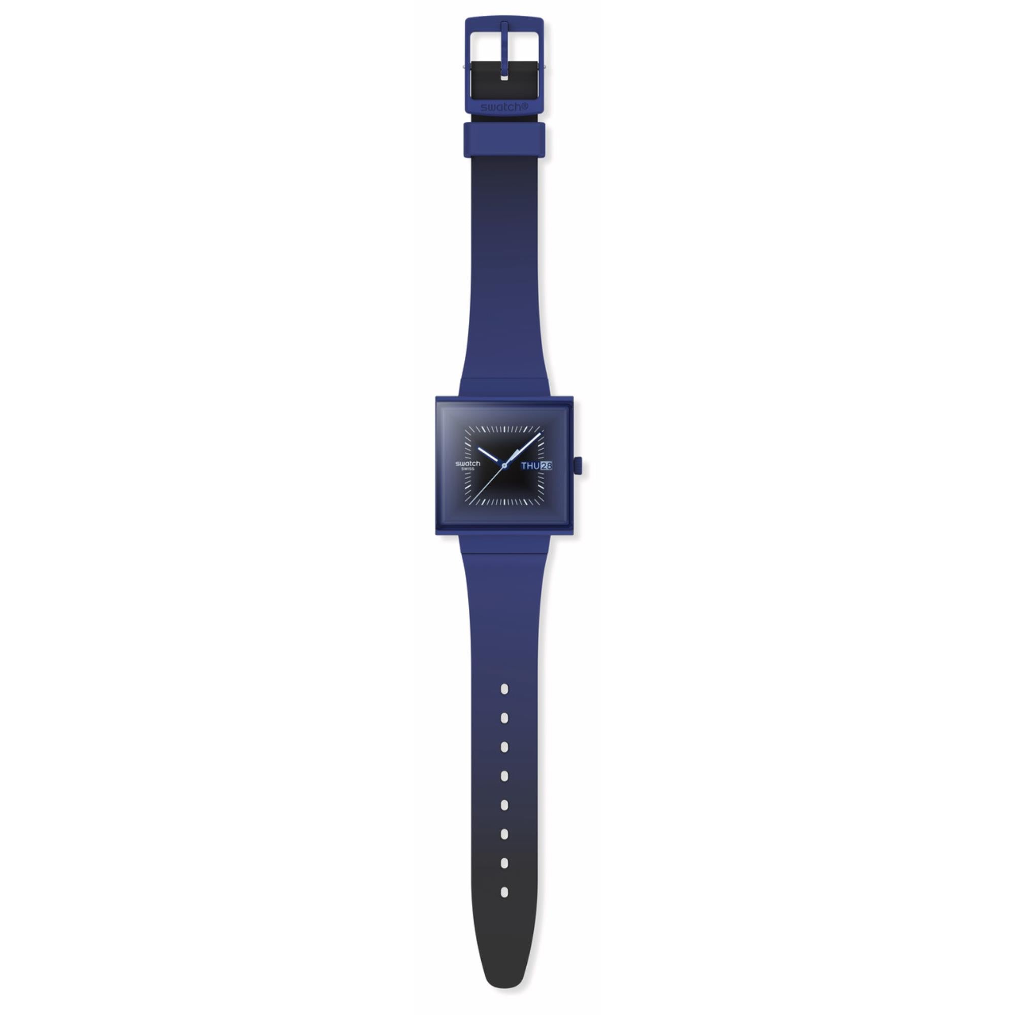 Swatch Squarely Blacklight Dark Blue Dial Silicone Strap Unisex Watch SO34N700