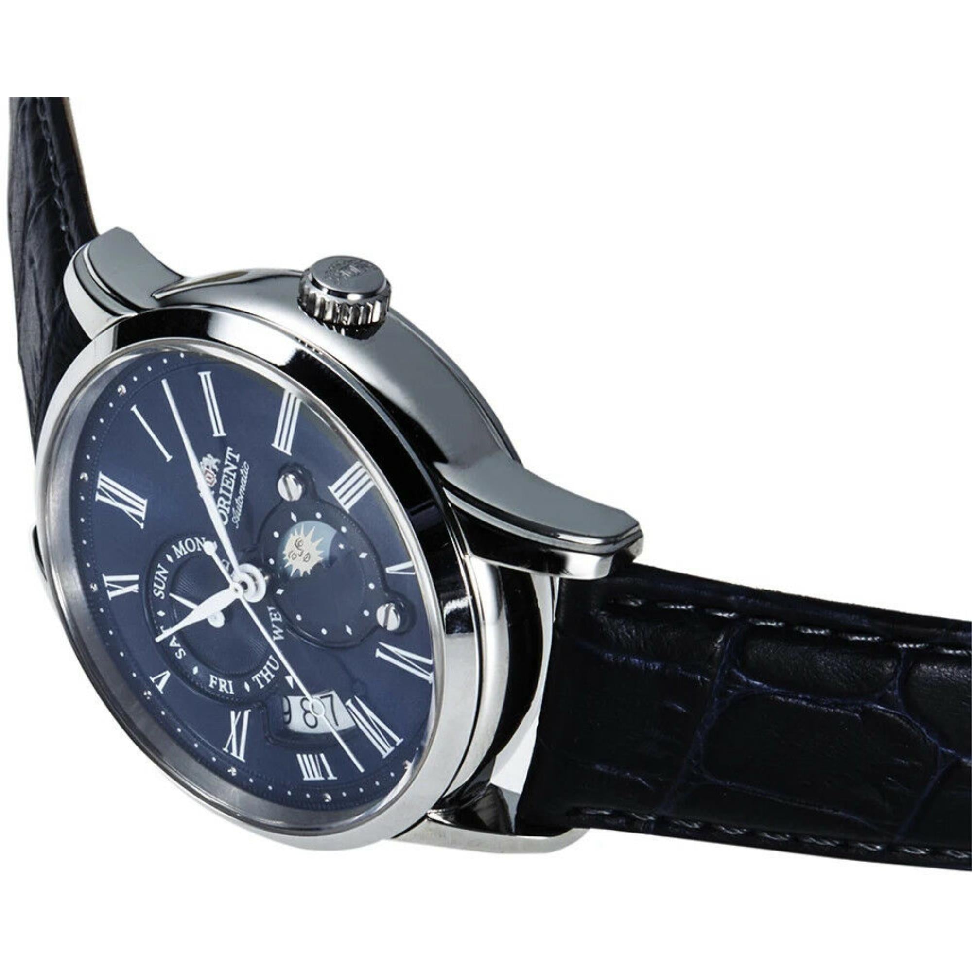 Orient Sun and Moon Automatic Blue Dial Leather Strap Men's Watch RA-AK0011D30B