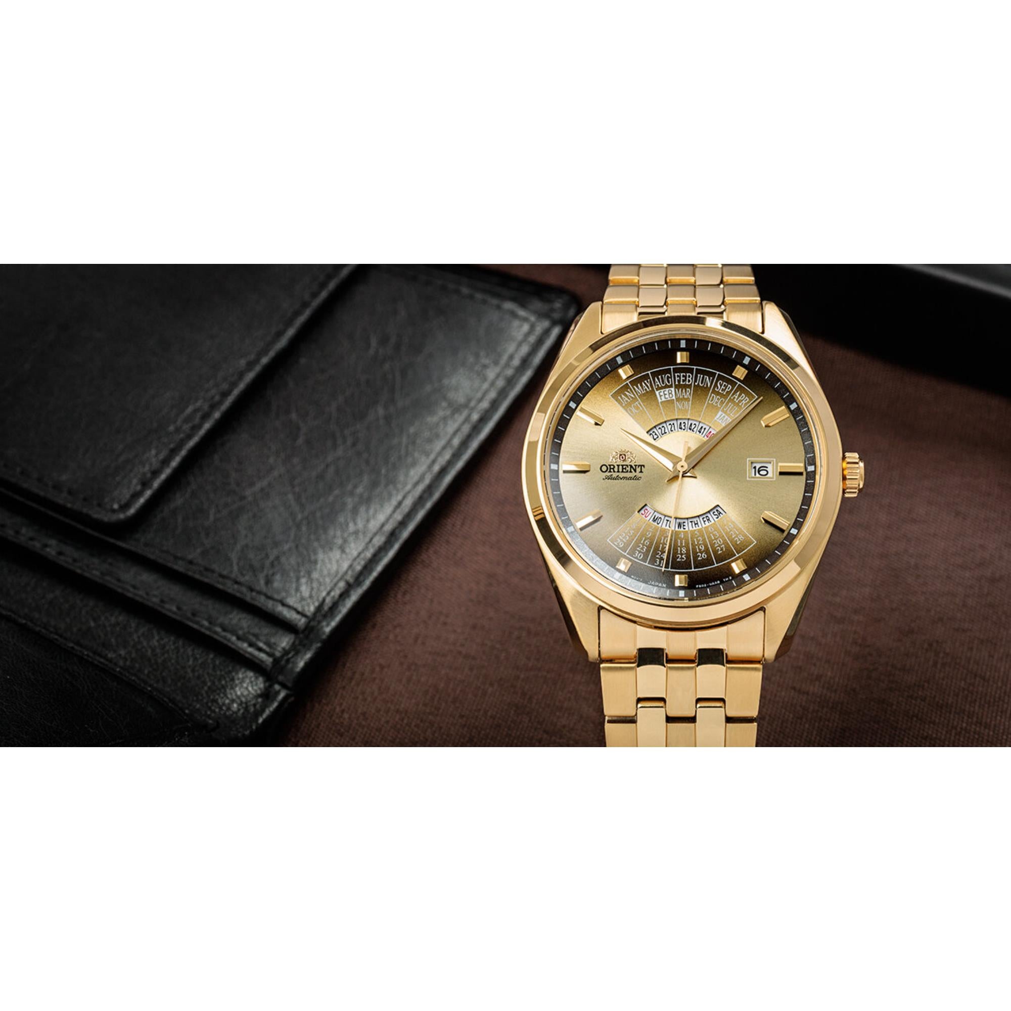 Orient Contemporary Multi-Year Calendar Automatic Gold Dial Stainless Steel Strap Men’s Watch RA-BA0001G30B