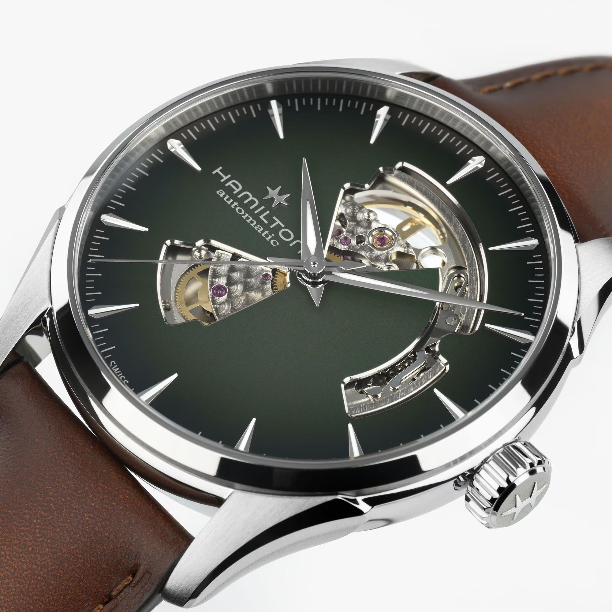 Hamilton Jazzmaster Open Heart Auto Green Dial Leather Strap Men's Dress Watch H32705560