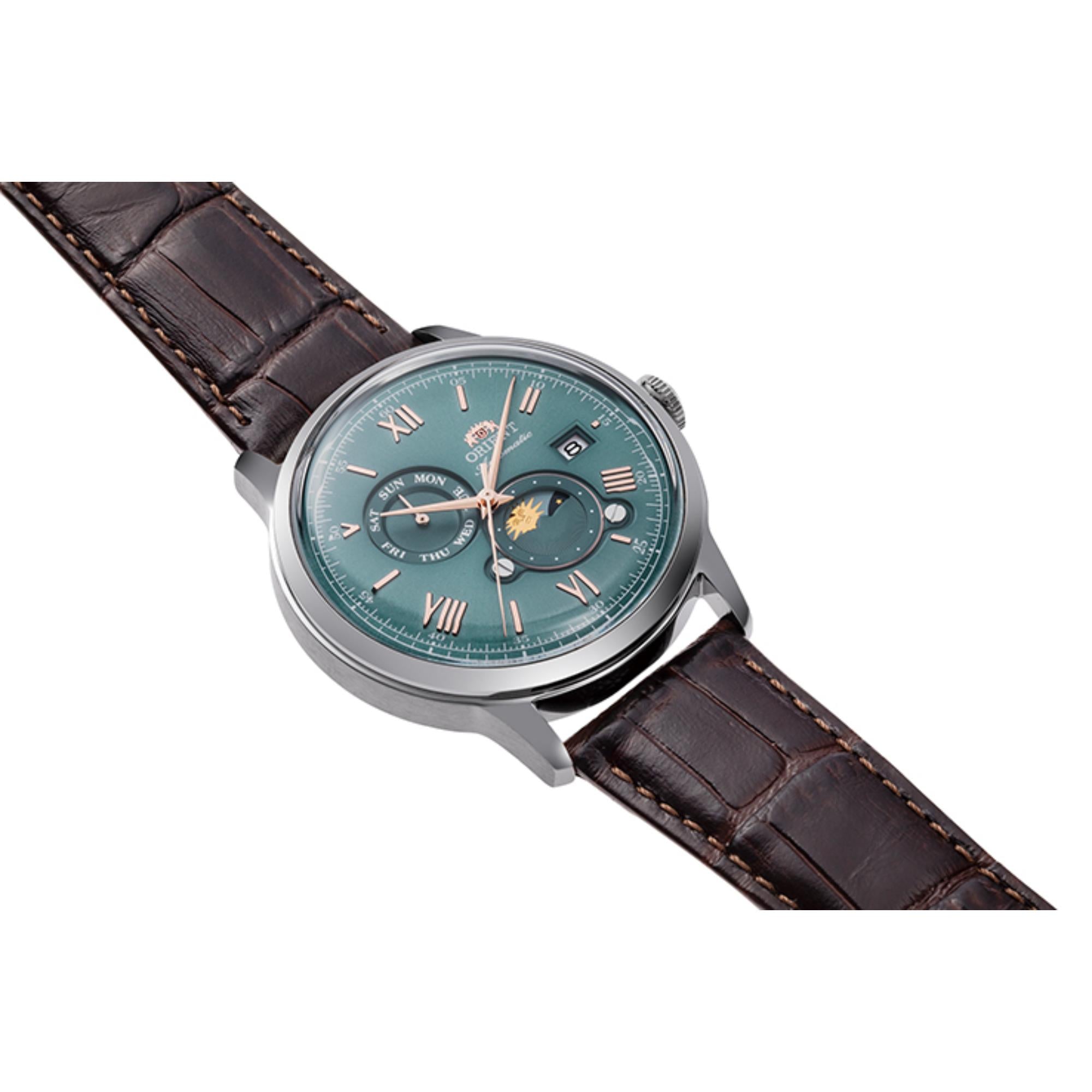 Orient Bambino Sun & Moon Green Dial Leather Strap Men's Watch RA-AK0805E30B