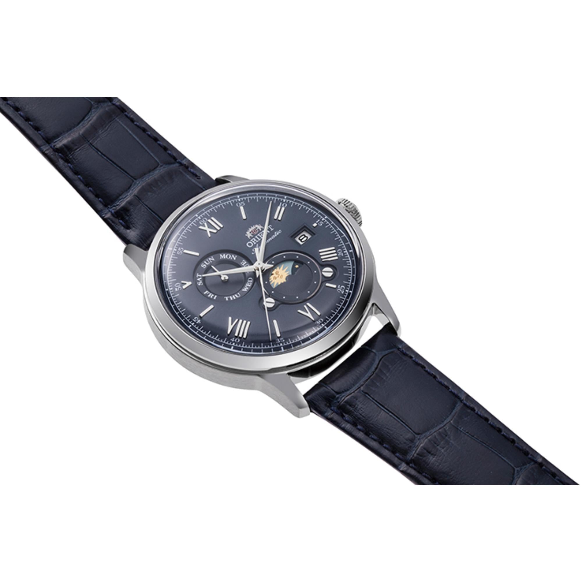 Orient Bambino Sun & Moon Blue Dial Leather Strap Men's Dress Watch RA-AK0806L30B