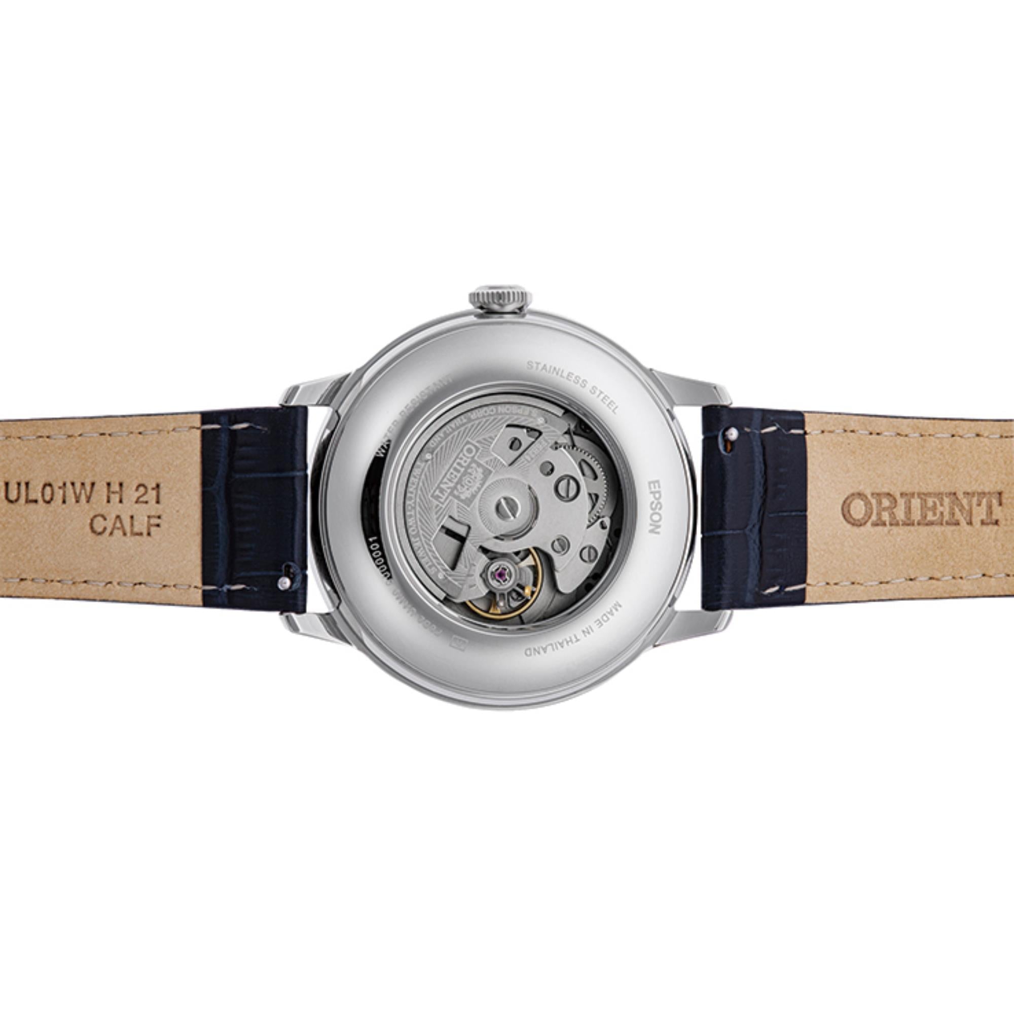 Orient Bambino Sun & Moon Blue Dial Leather Strap Men's Dress Watch RA-AK0806L30B