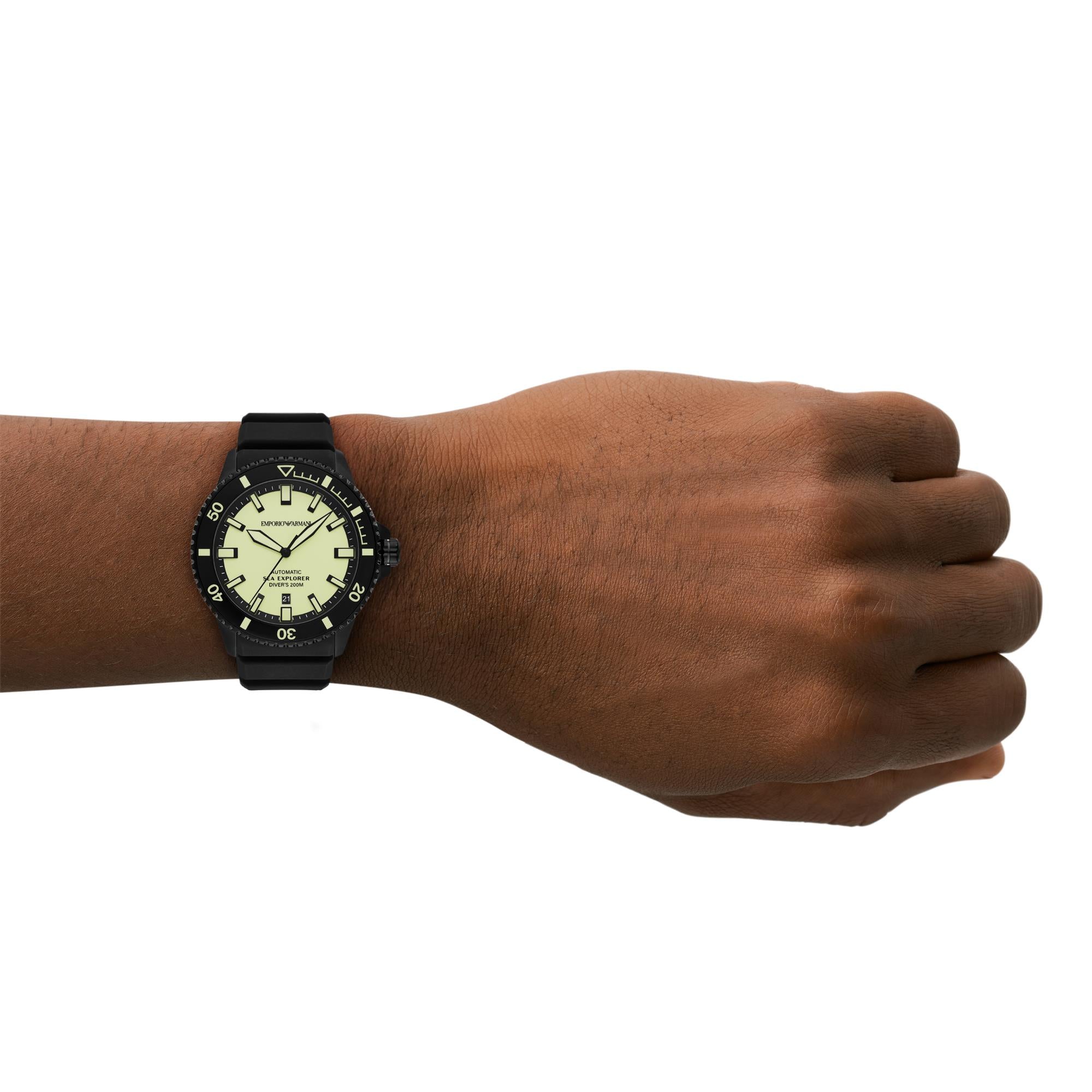 Emporio Armani Sea Explorer Automatic Yellow Dial Black Silicone Strap Men's Watch AR60085