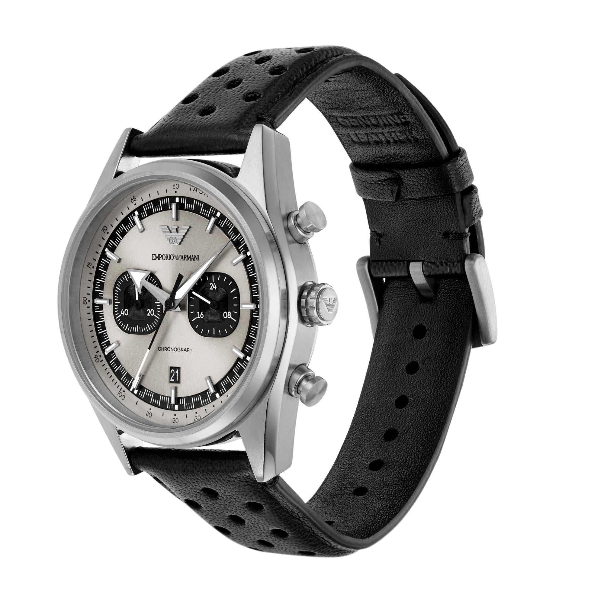 Emporio Armani Chronograph Grey Dial Black Leather Men's Watch AR11677