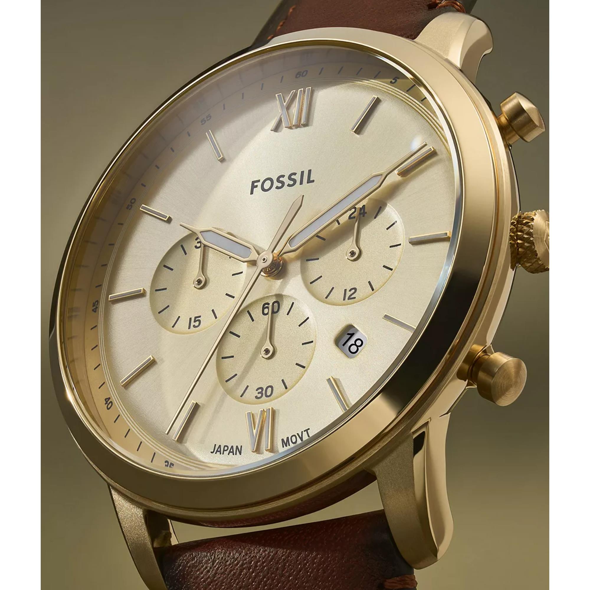 Fossil Neutra Chronograph Gold Dial Brown Leather Strap Men's Watch FS6113