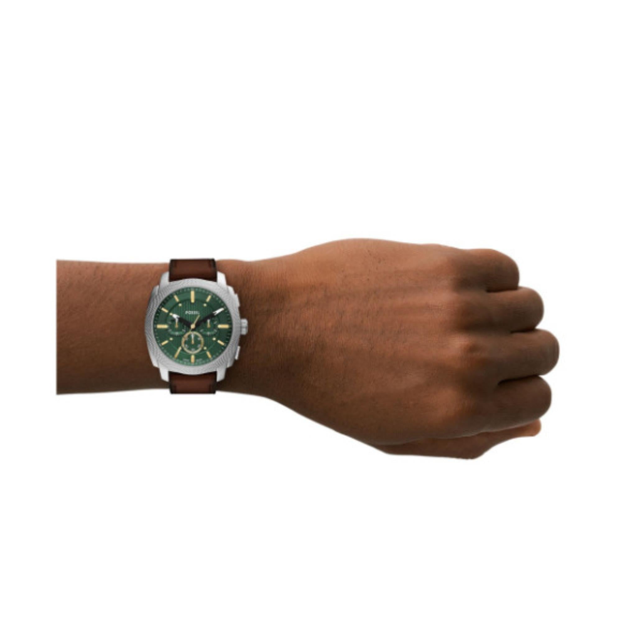 Fossil Machine Chronograph Green Dial Brown Leather Strap Men's Watch FS6100