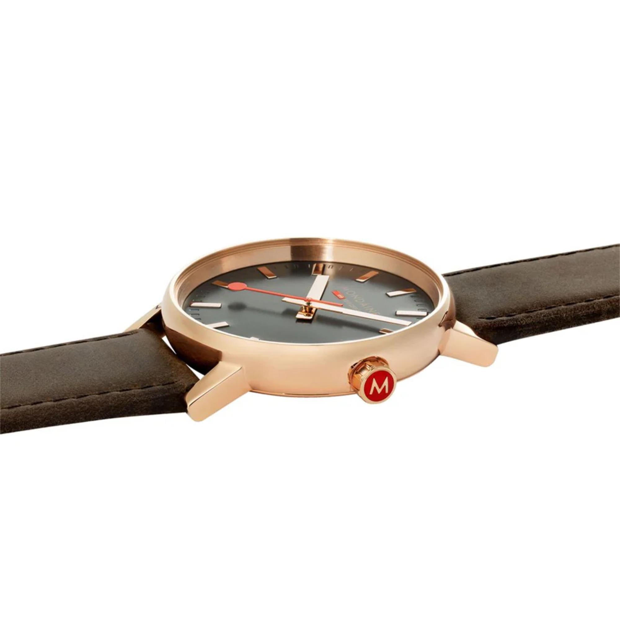 Mondaine Evo2 Rose Gold Grey Dial Leather Strap Unisex Watch MSE.40181.LG