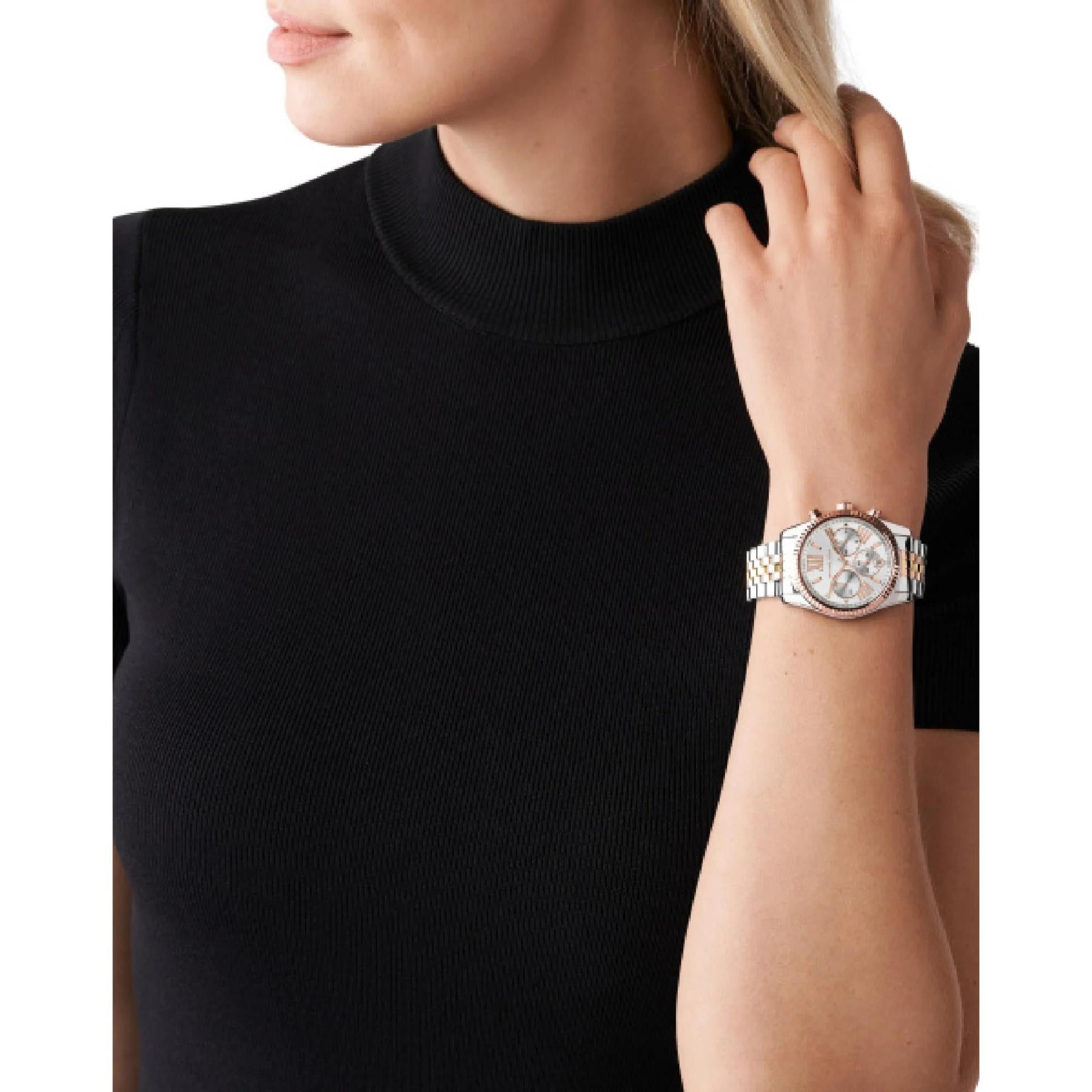 Michael Kors Tri-Tone Lexington Silver Dial Stainless Streel Strap Ladies Watch MK5735