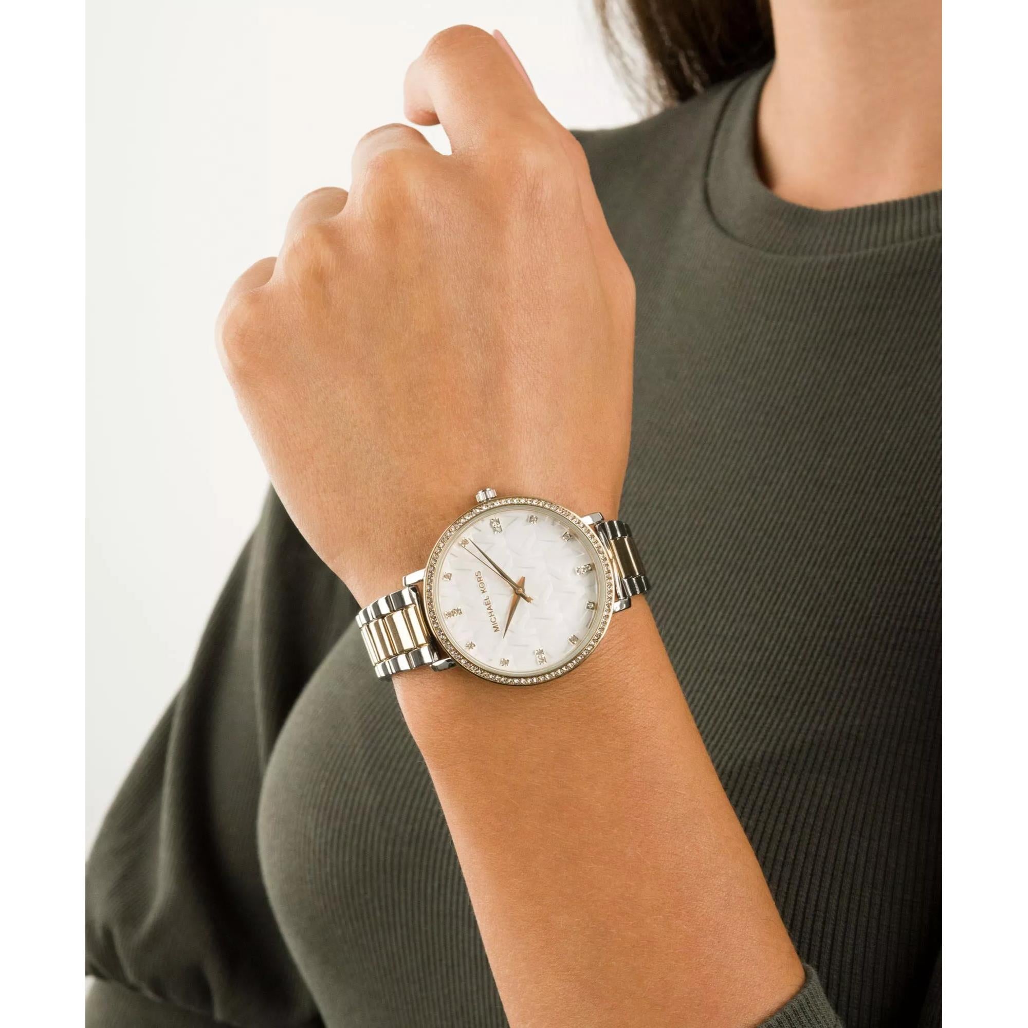 Michael Kors Pyper Two-Tone Alloy White Dial Stainless Steel Strap Ladies Watch MK4595