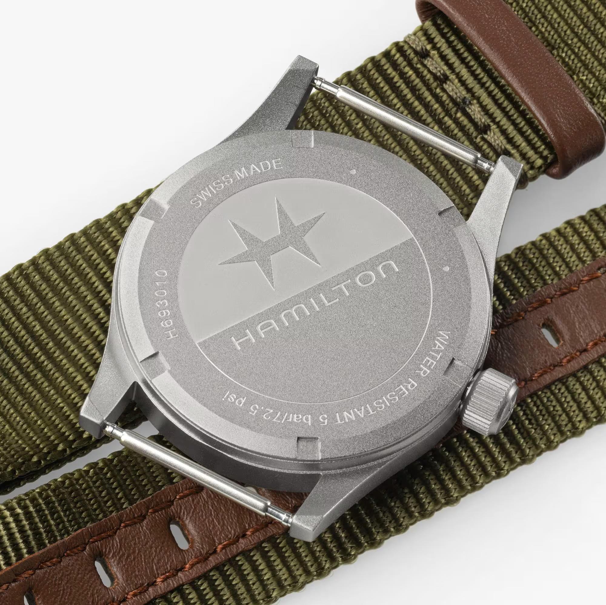 stainless steel caseback of a Hamilton Khaki Field mechanical watch