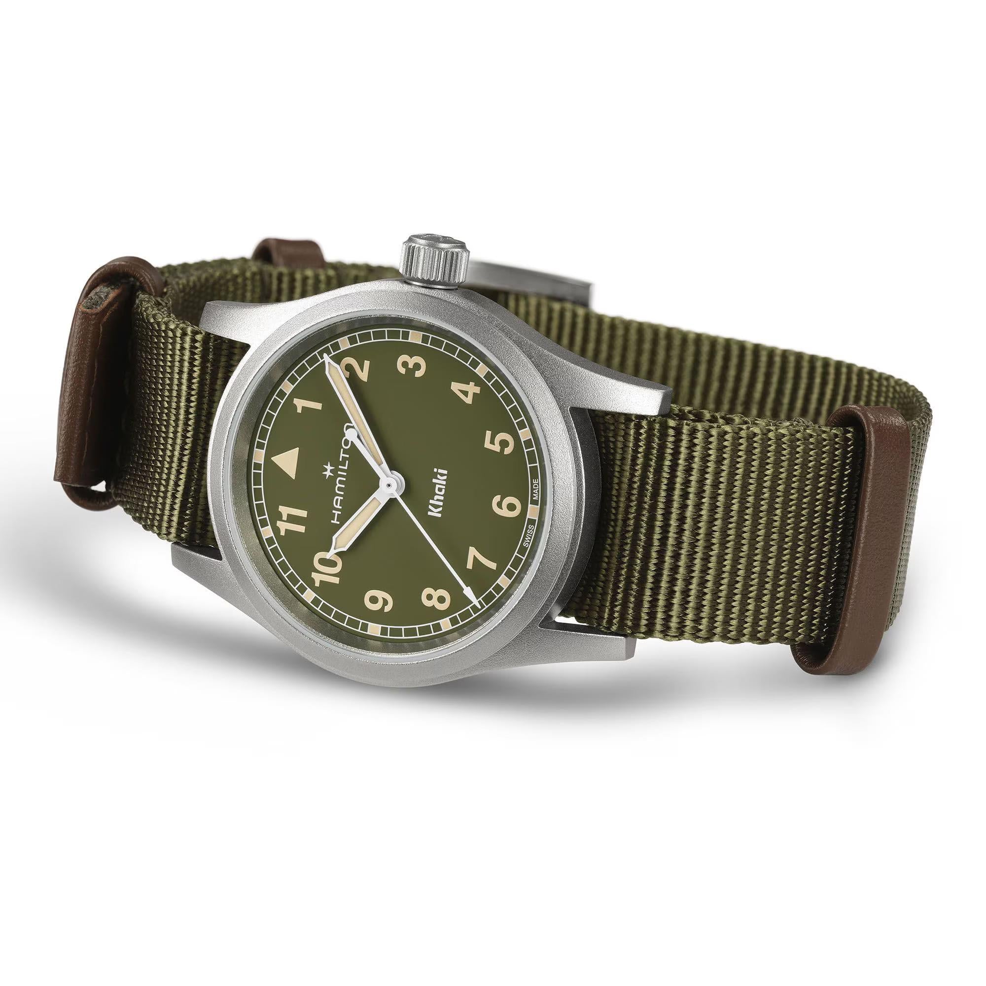 Hamilton Khaki Field watch with an green dial and a matching green NATO strap