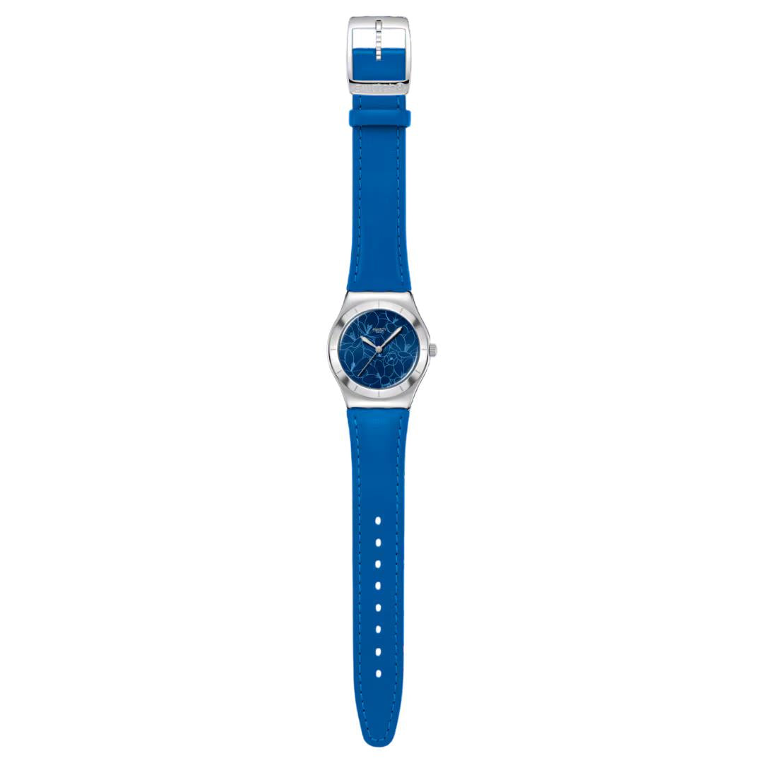 Swatch Blue Petal Promise Blue Dial Leather Strap Unisex Watch YLS235