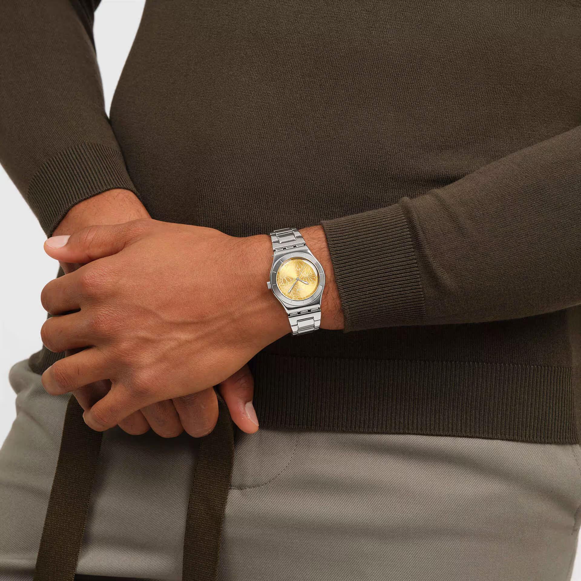 Swatch Petal Swirl Yellow Dial Stainless Steel Strap Unisex Watch YLS236G