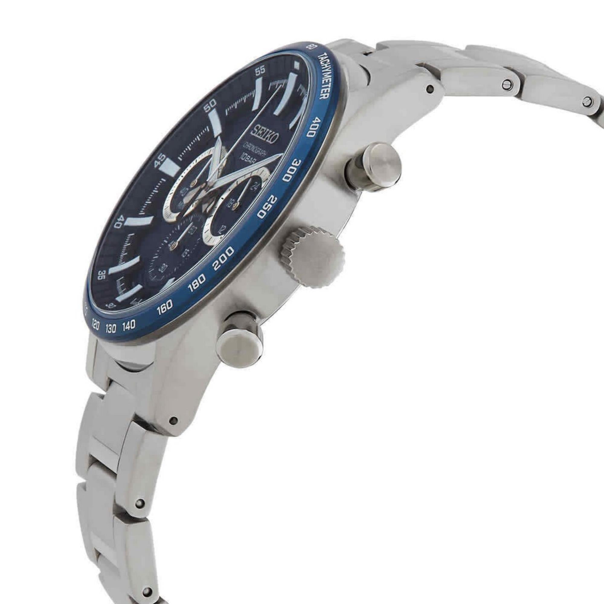 Angled view of Seiko Essentials SSB445P1 blue dial chronograph with steel bracelet and push button on white background