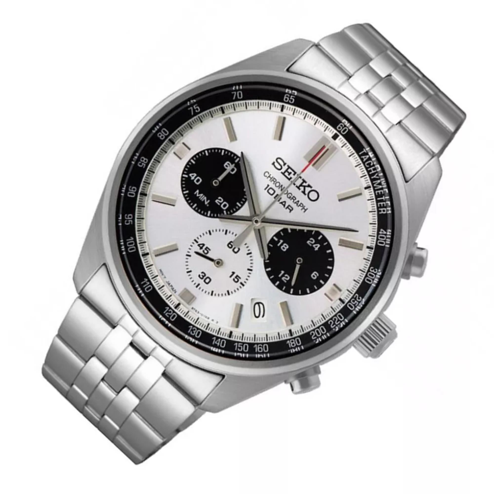 Angled view of Seiko Essentials SSB425P1 white panda dial chronograph with steel bracelet