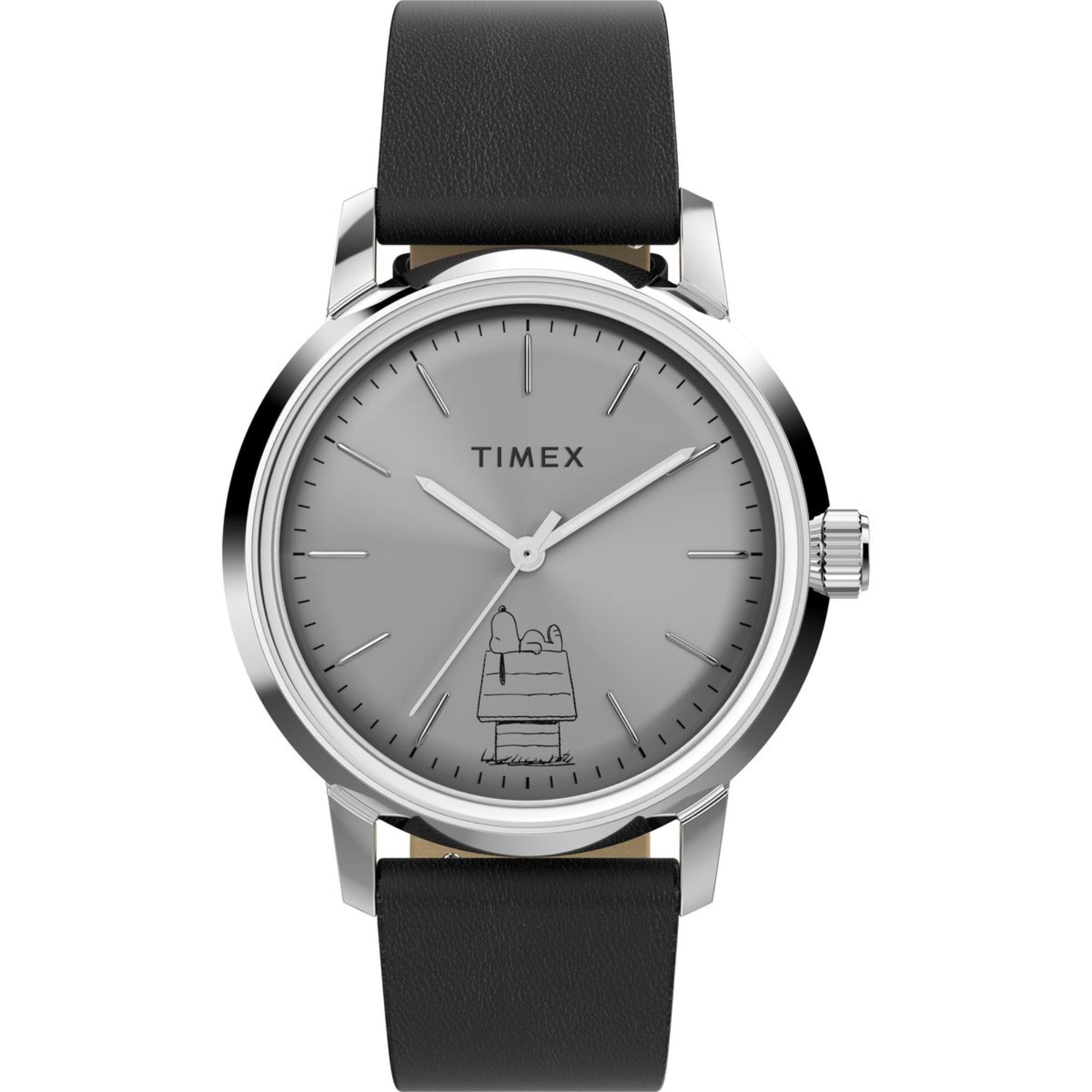 Timex x Peanuts Marlin Automatic 75th Anniversary Edition Silver-Tone Dial Leather Strap Men's WatchTW2Y10000