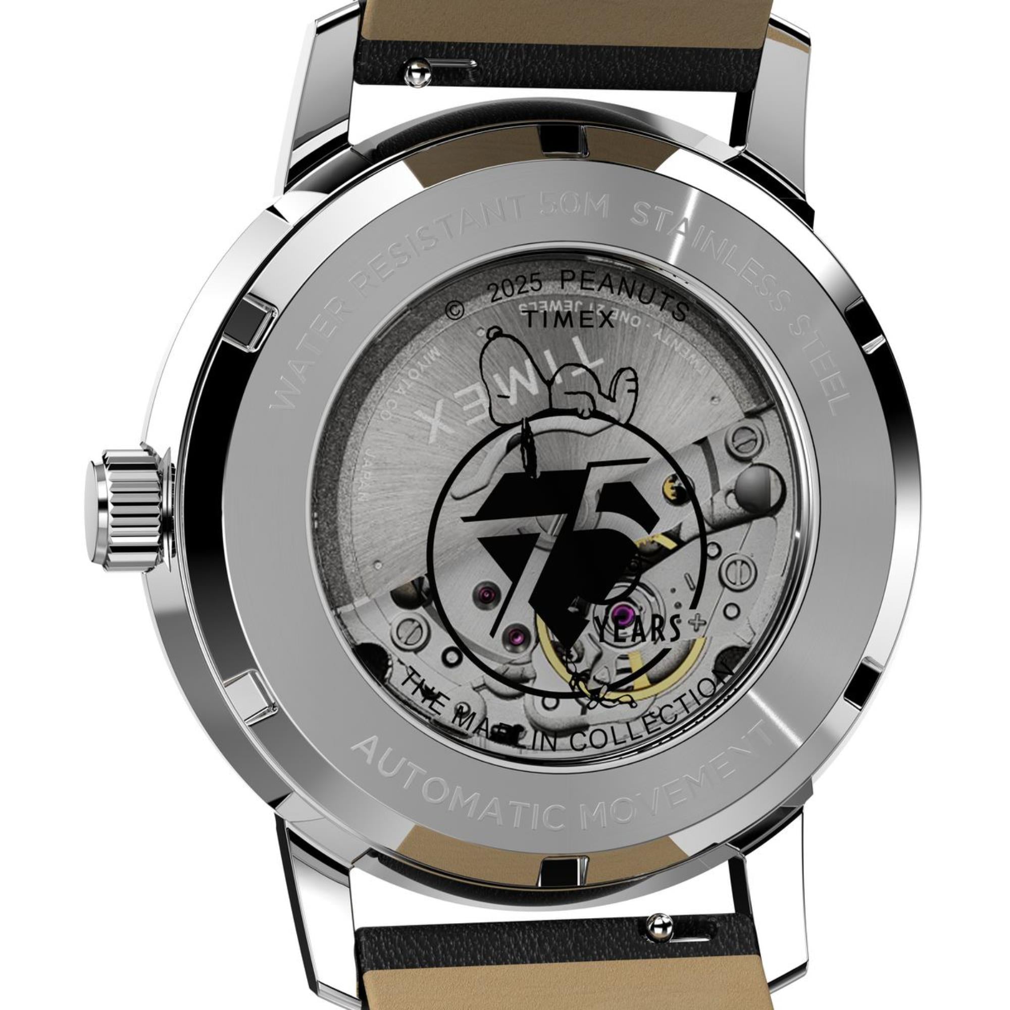 Timex x Peanuts Marlin Automatic 75th Anniversary Edition Silver-Tone Dial Leather Strap Men's Watch TW2Y10000