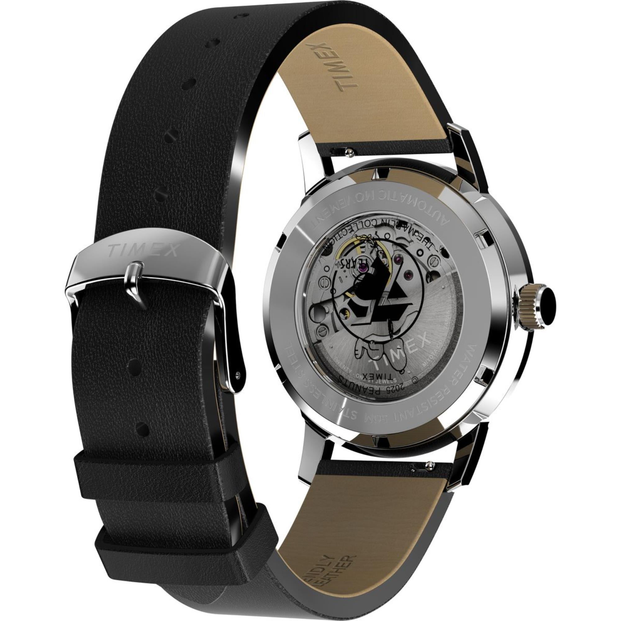 Timex x Peanuts Marlin Automatic 75th Anniversary Edition Silver-Tone Dial Leather Strap Men's Watch TW2Y10000