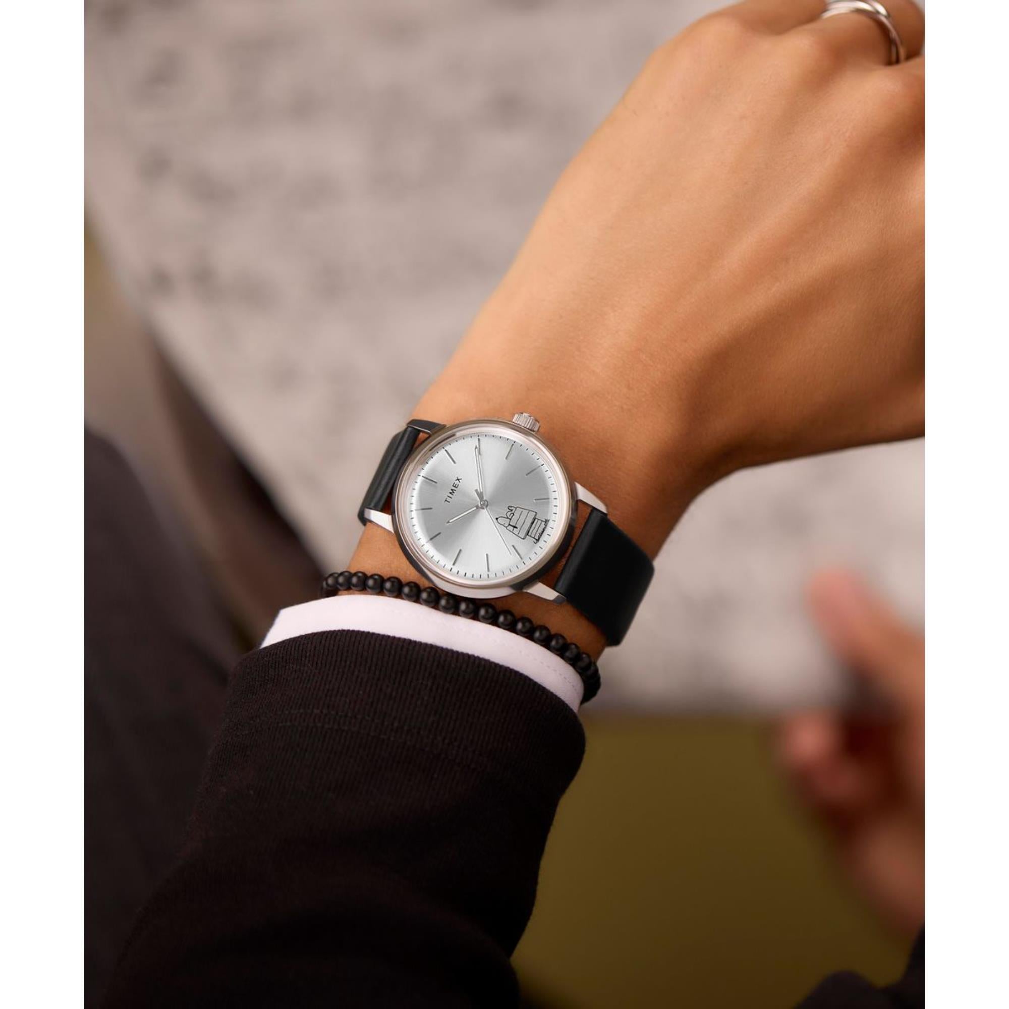 Timex x Peanuts Marlin Automatic 75th Anniversary Edition Silver-Tone Dial Leather Strap Men's Watch TW2Y10000