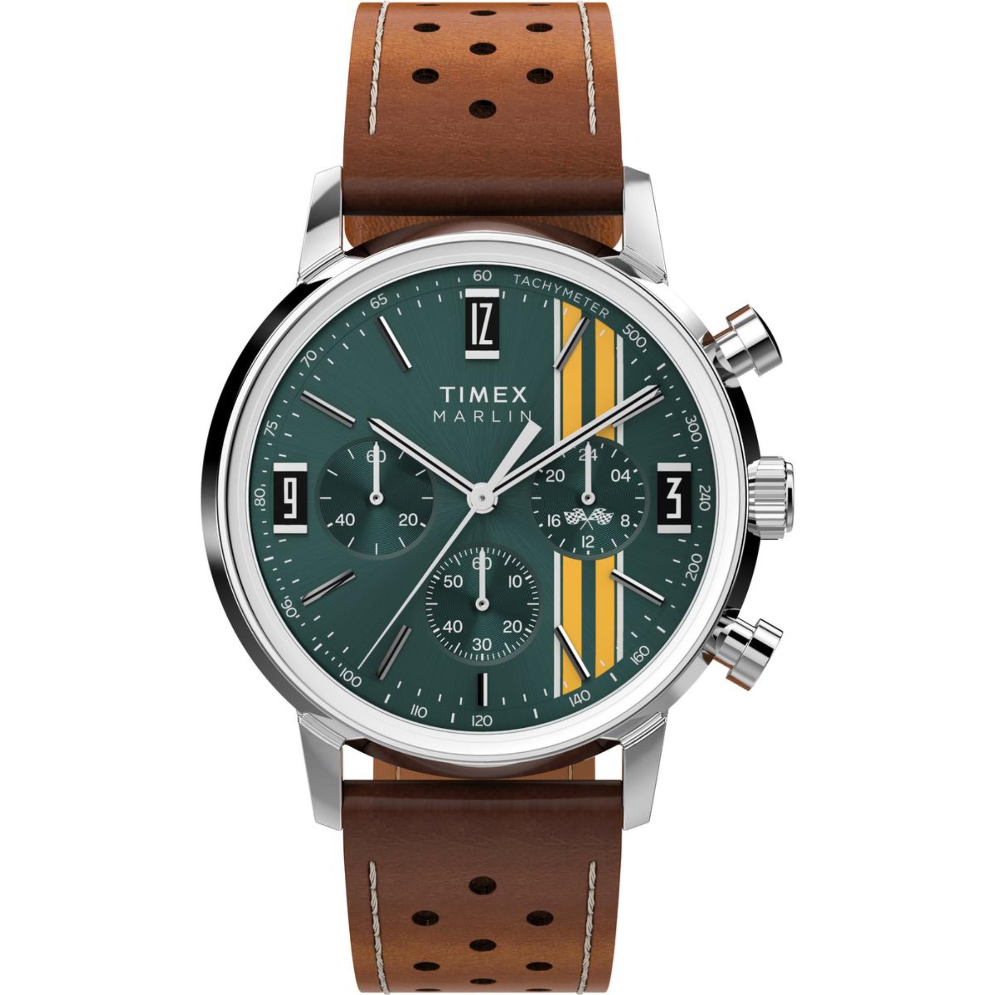 Timex Marlin Chronograph Tachymeter Green Dial Leather Strap Men's Watch TW2W99100