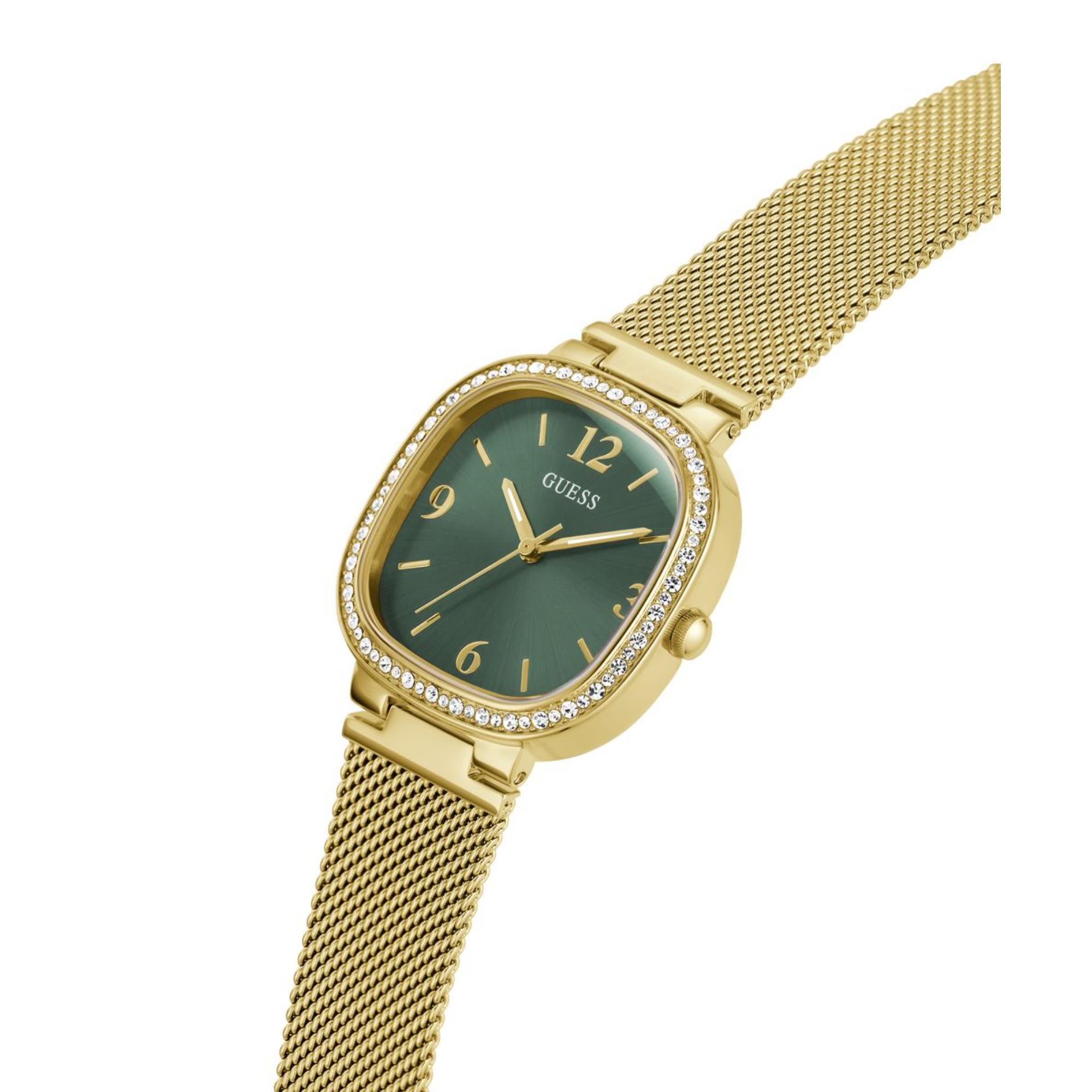 Guess Tapestry Rounded Square Green Dial Steel Mesh Strap Women's Watch GW0354L5