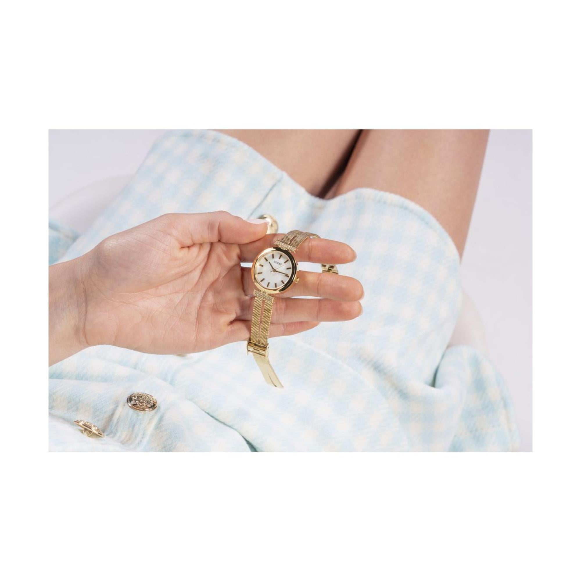 Guess Array Mother of Pearl Dial Stainless Steel Mesh Strap Women's Watch GW0471L2