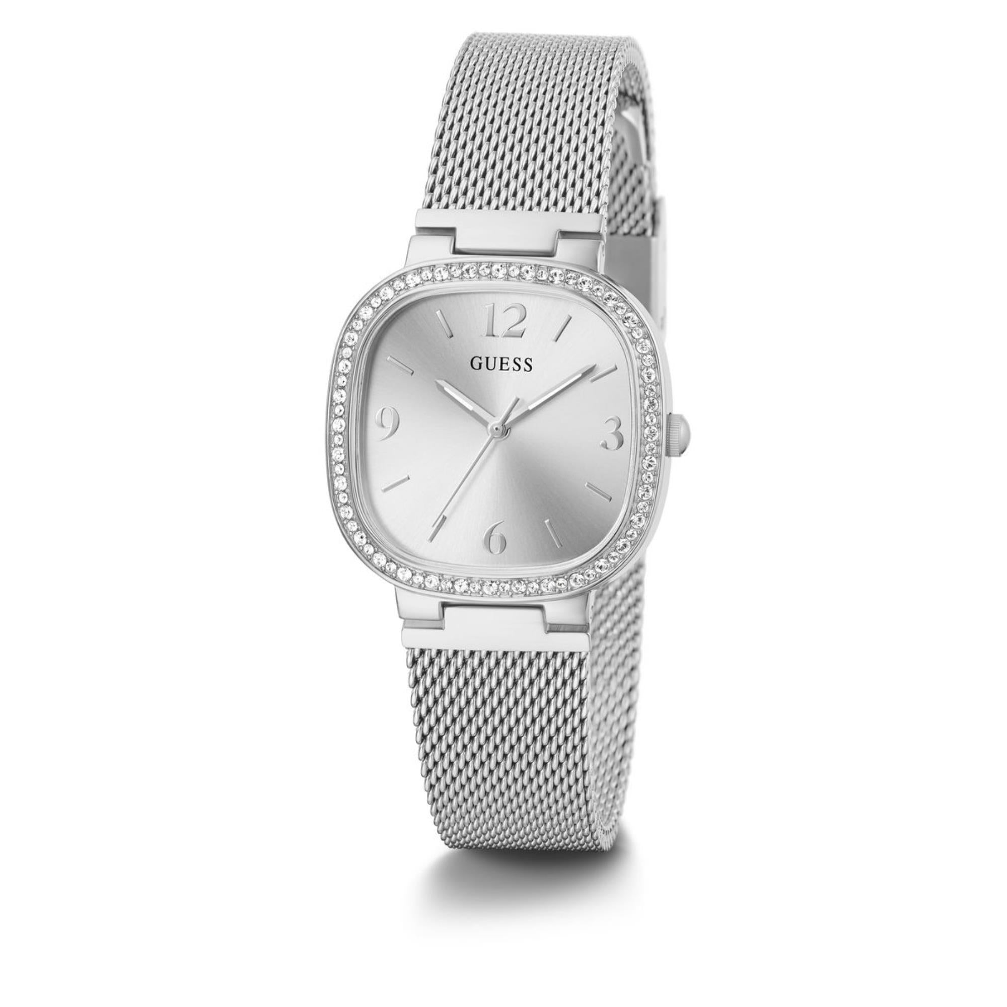 Guess Tapestry Rounded Square Silver Dial Stainless Steel Strap Women's Watch GW0354L1