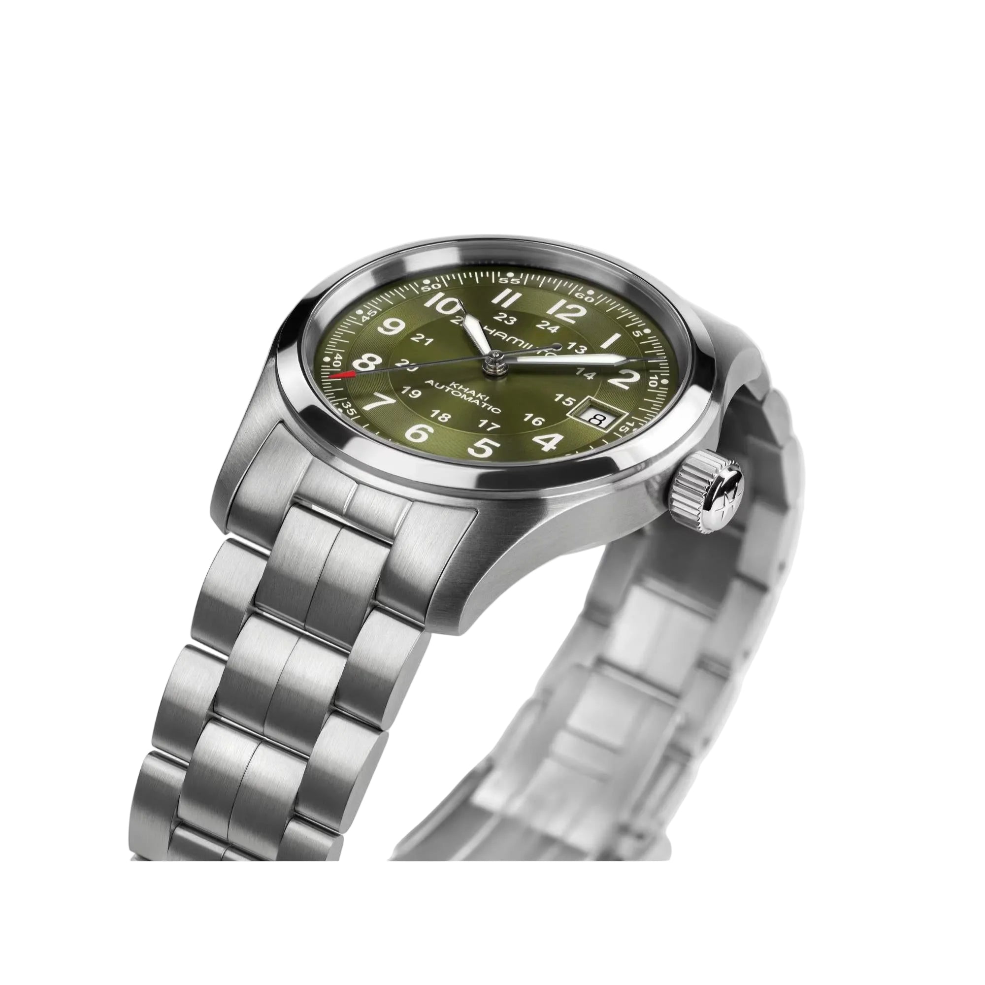 Hamilton Khaki Field H70455160 green dial angled view showing stainless steel case and crown