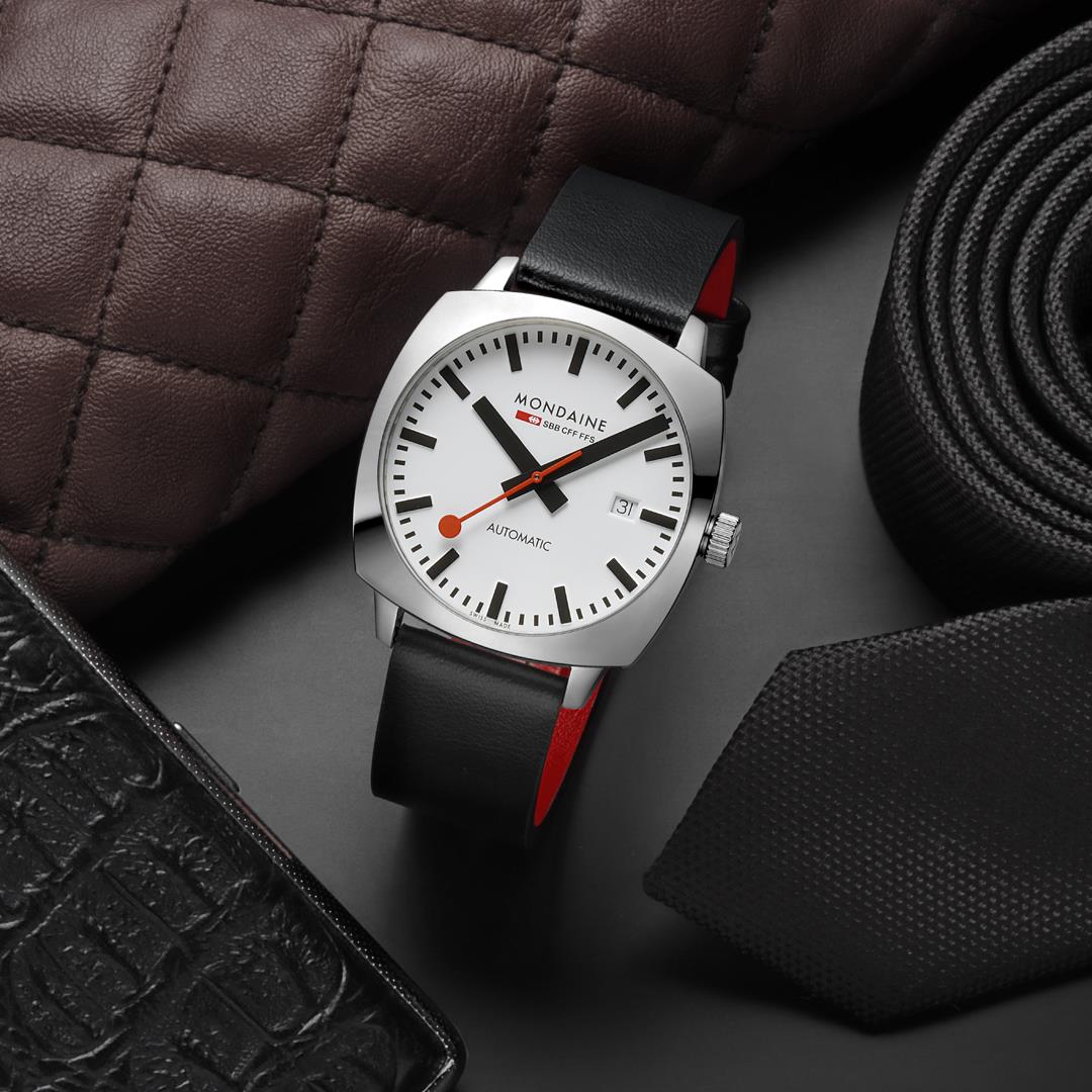 Mondaine Cushion White Dial Vegan Grape Leather Strap Men's Watch MSL.3961B.LBV