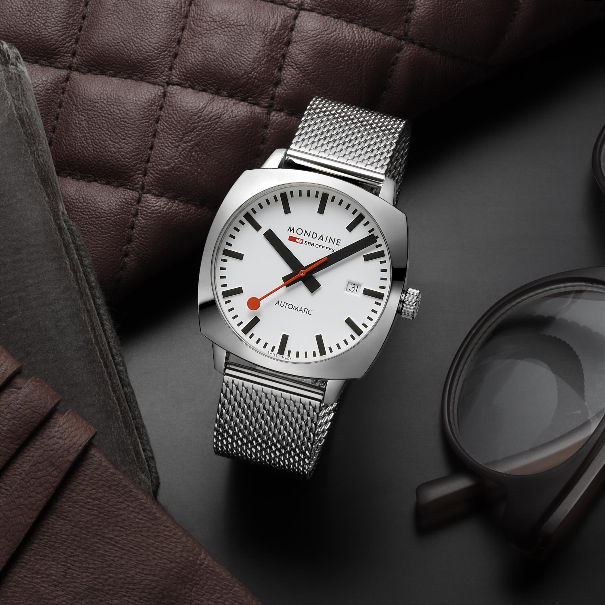 Mondaine Cushion White Dial Stainless Steel Strap Men's Watch MSL.3961B.SM
