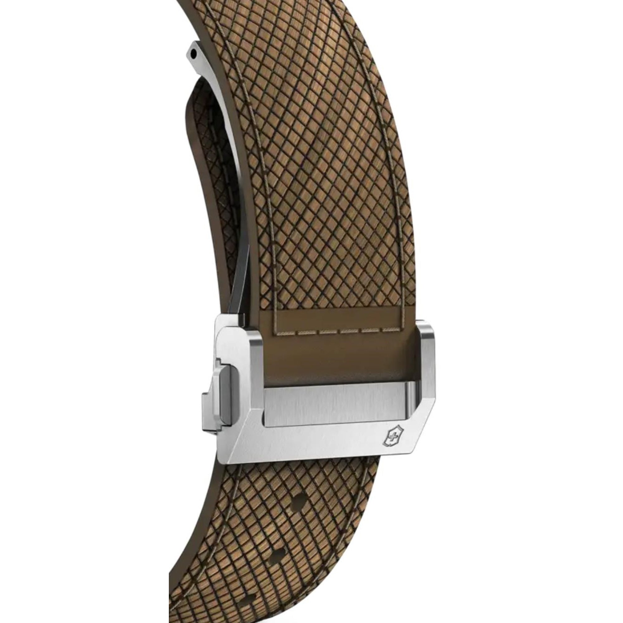 A close-up view of a textured brown watch strap featuring a cross-hatch pattern and a stainless steel deployment clasp engraved with the Victorinox logo