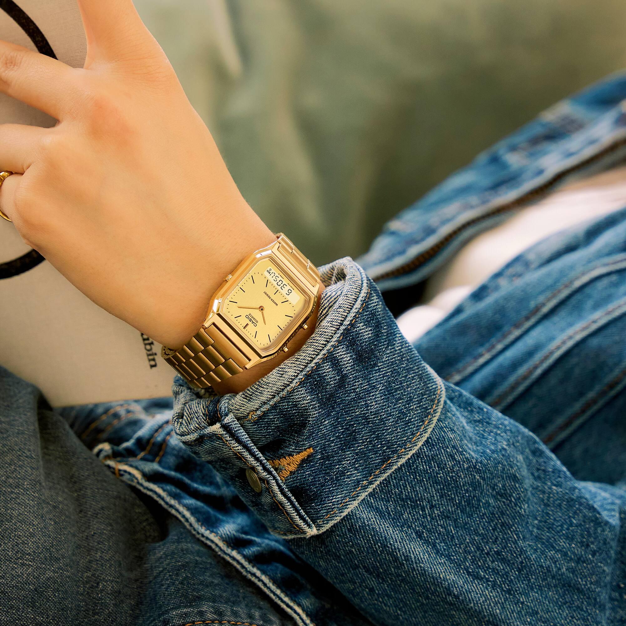 Casio Collection Vintage Ana-Digi Gold Dial Steel Strap Unisex Watch AQ-230GA-9DMQYES