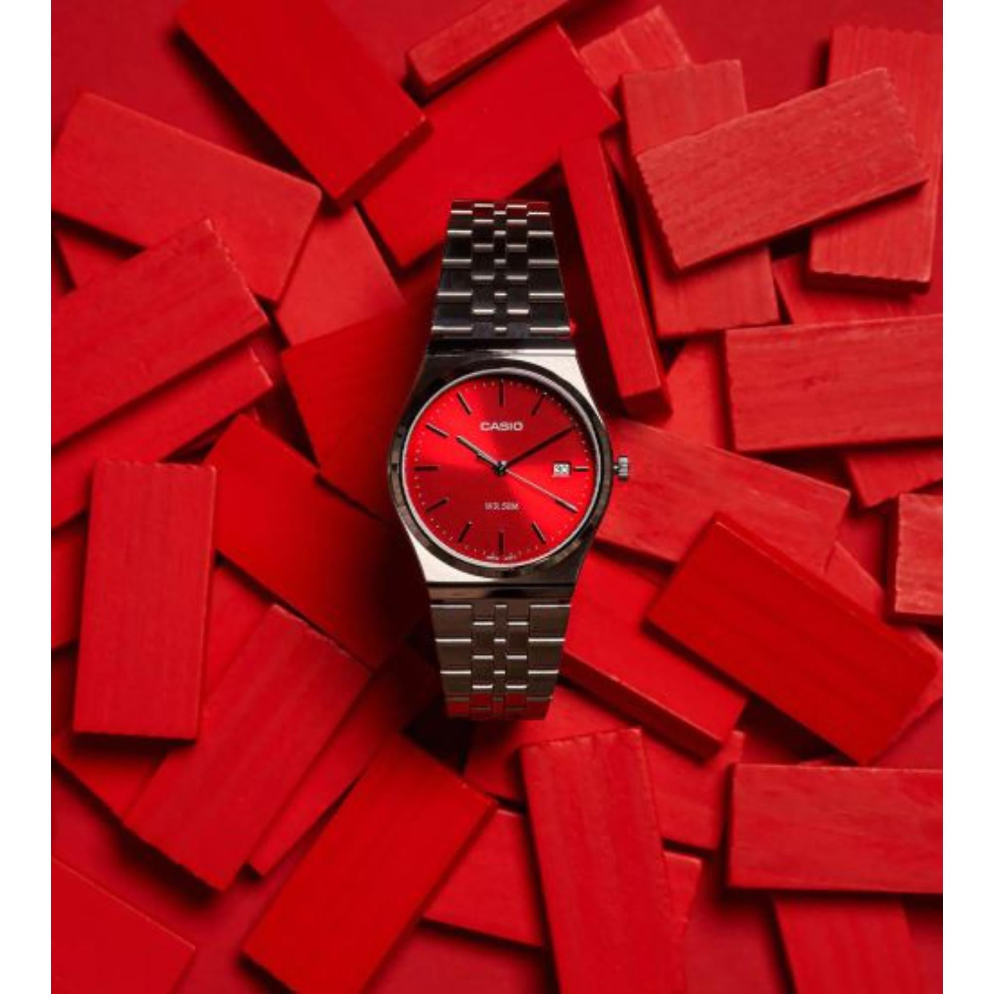 Casio MTP Series Standard Red Dial Stainless Steel Strap Men's Watch MTP-B145D-4A2VEF
