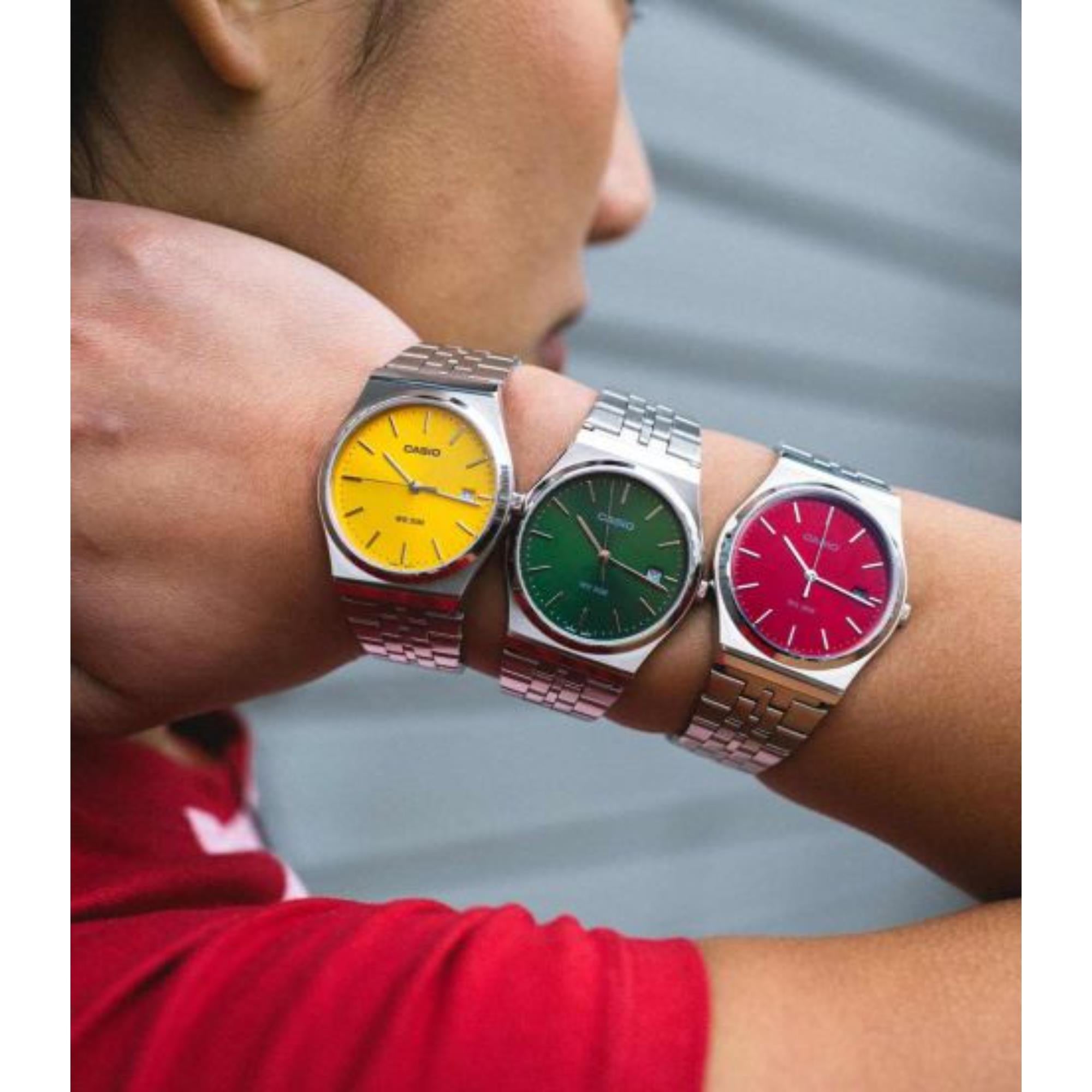 Casio MTP Series Standard Red Dial Stainless Steel Strap Men's Watch MTP-B145D-4A2VEF