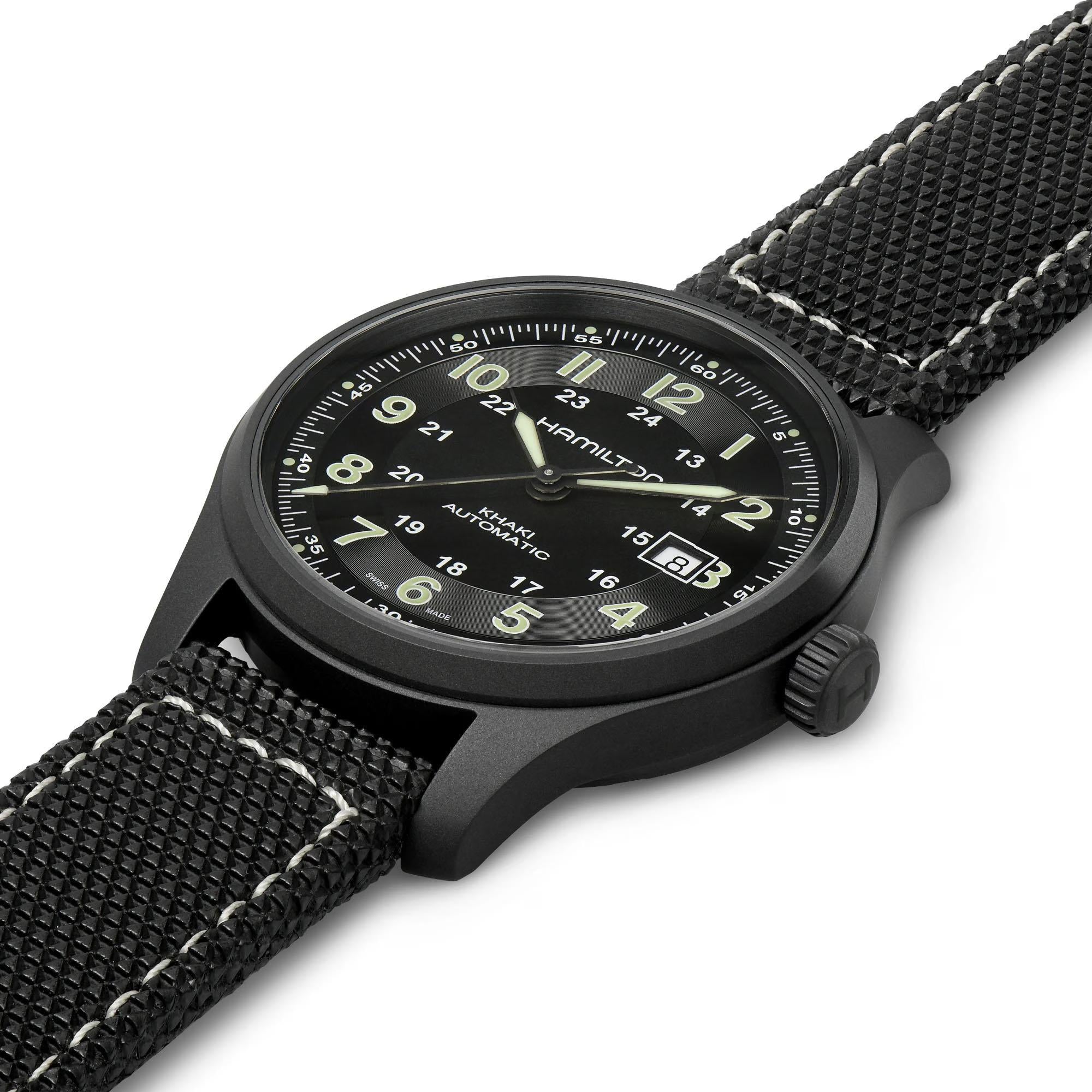 Hamilton Khaki Field H70575733 42mm black dial and rubber strap side view