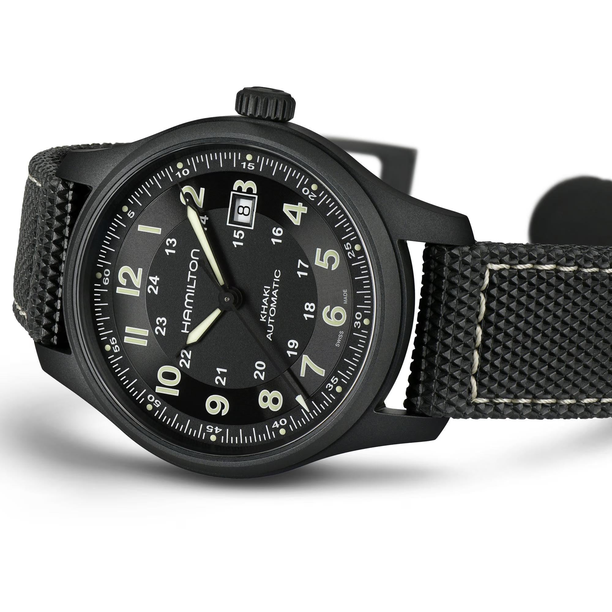 Hamilton Khaki Field H70575733 42mm black dial with white background