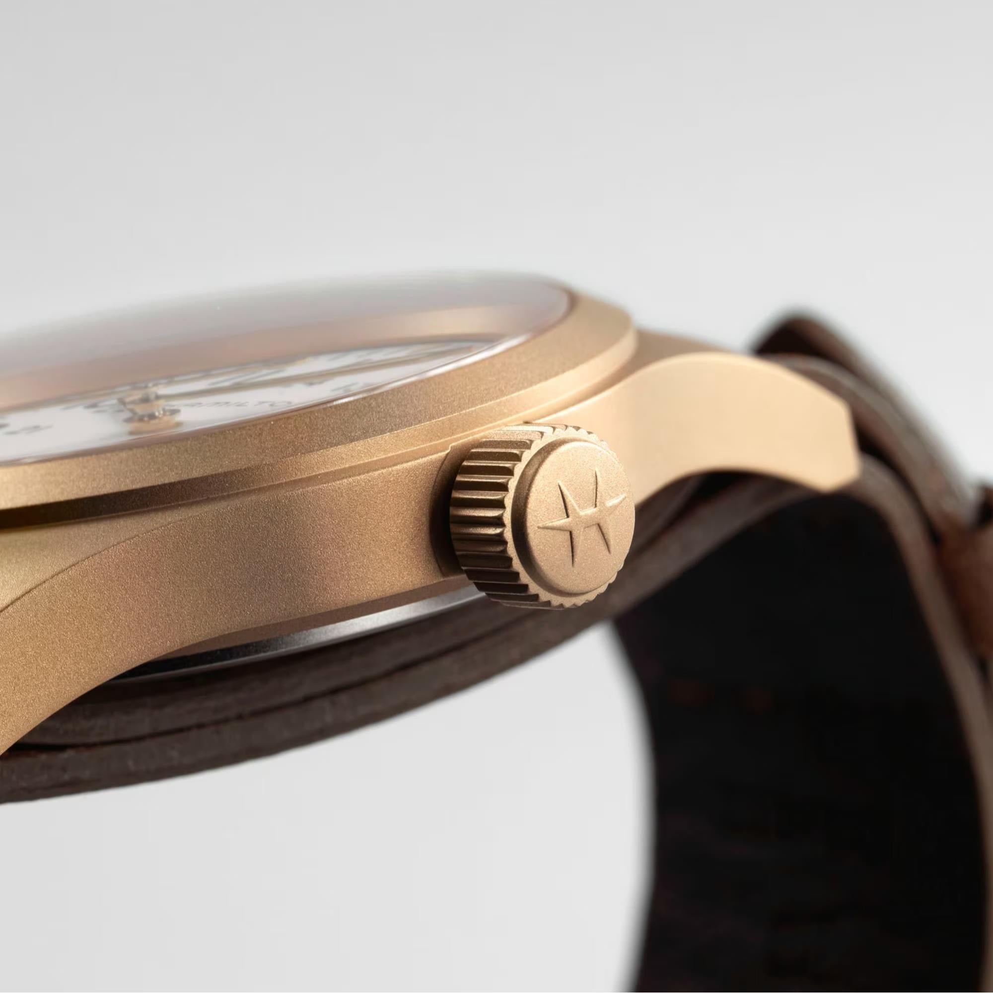 Hamilton Khaki Field Mechanical Bronze White Dial Leather Strap Unisex Watch H69459510 - WatchNation