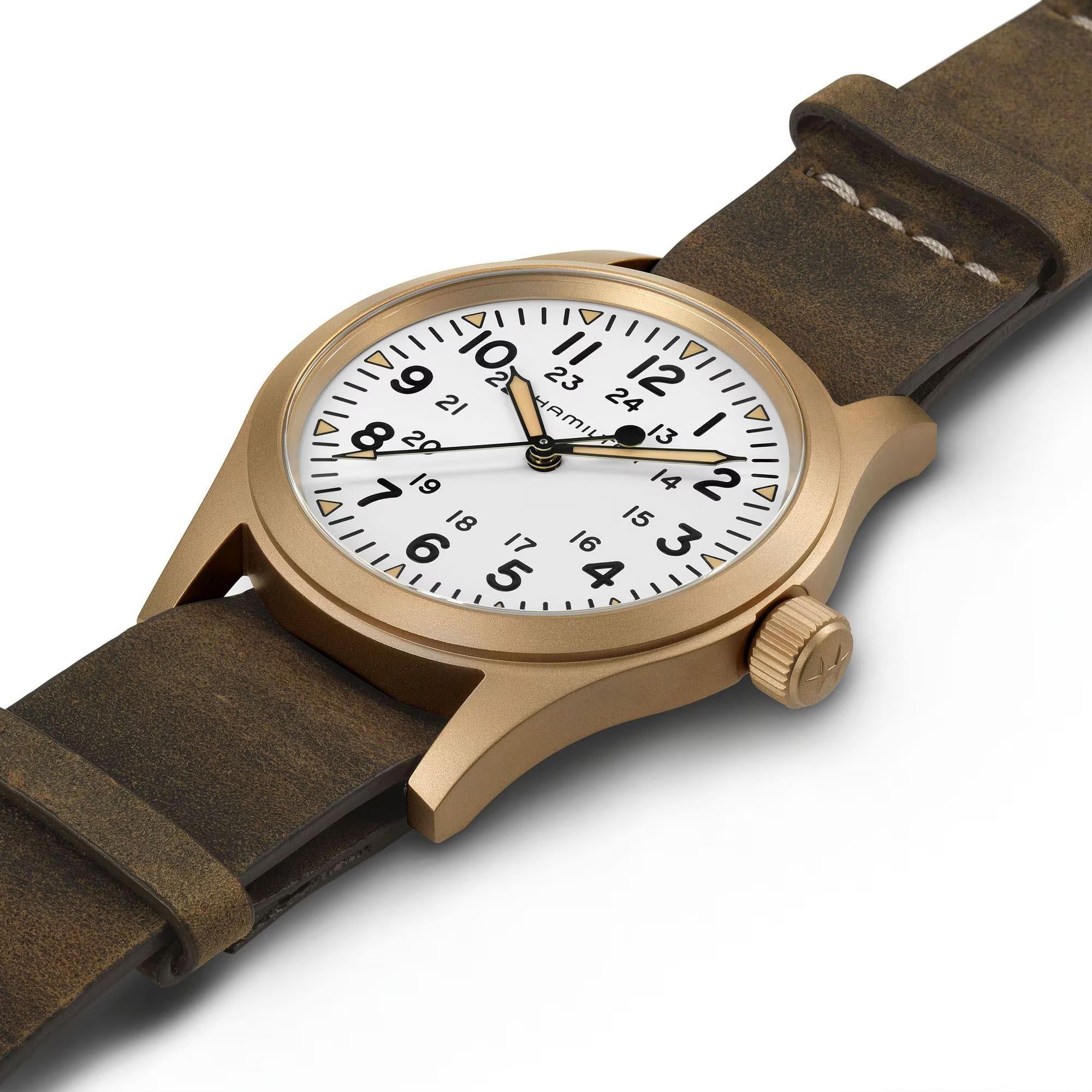 Hamilton Khaki Field Mechanical Bronze White Dial Leather Strap Unisex Watch H69459510 - WatchNation