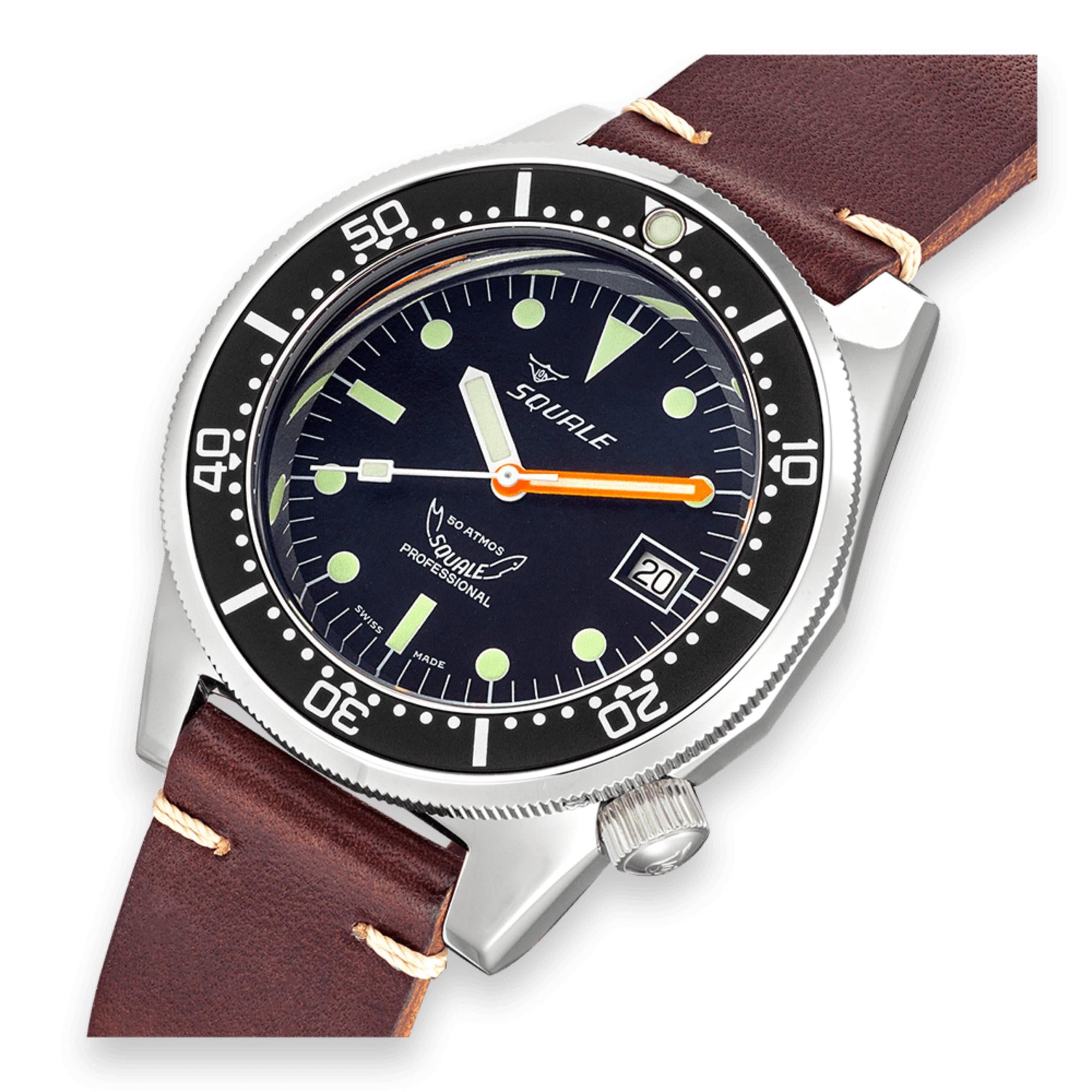 Squale 1521 Classic Automatic Black Dial Leather Strap Men's Watch 1521CL.PS